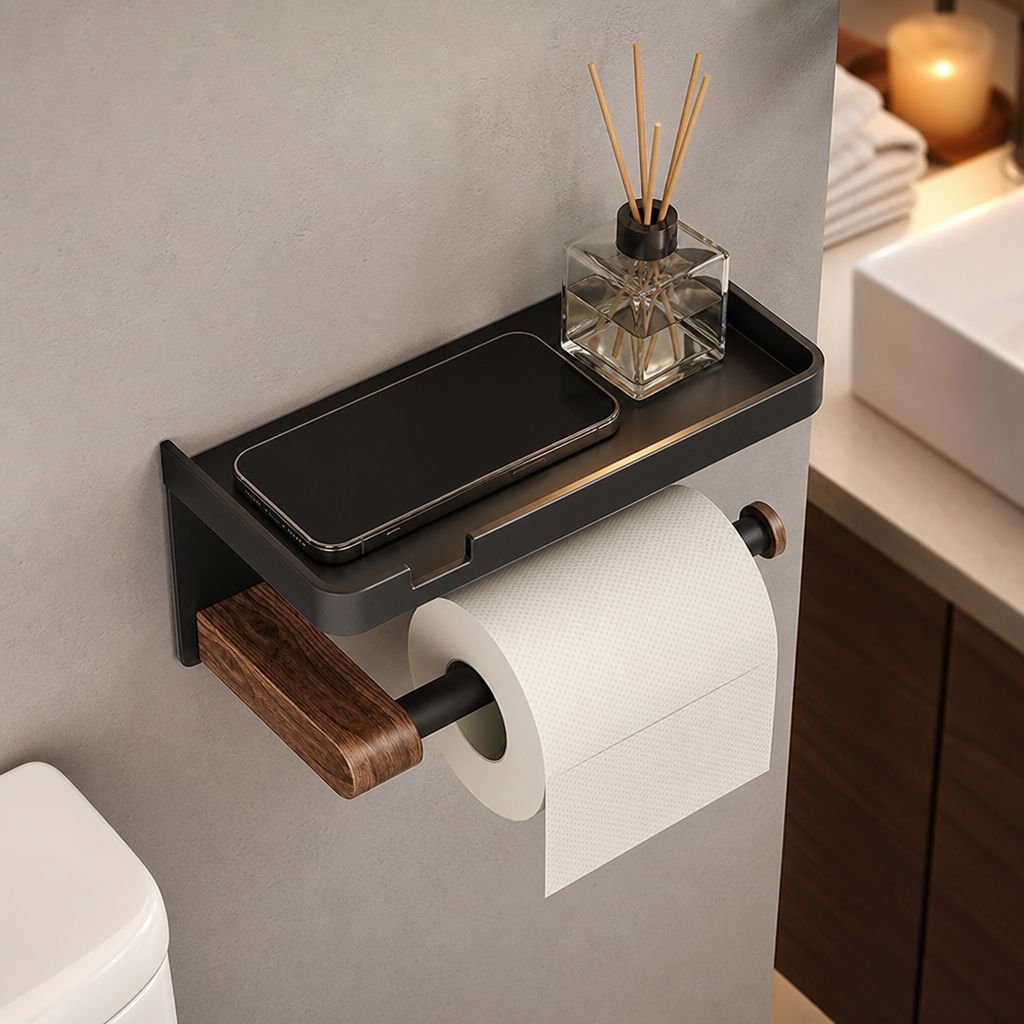 Drill-free metal tissue holder installed in kitchen