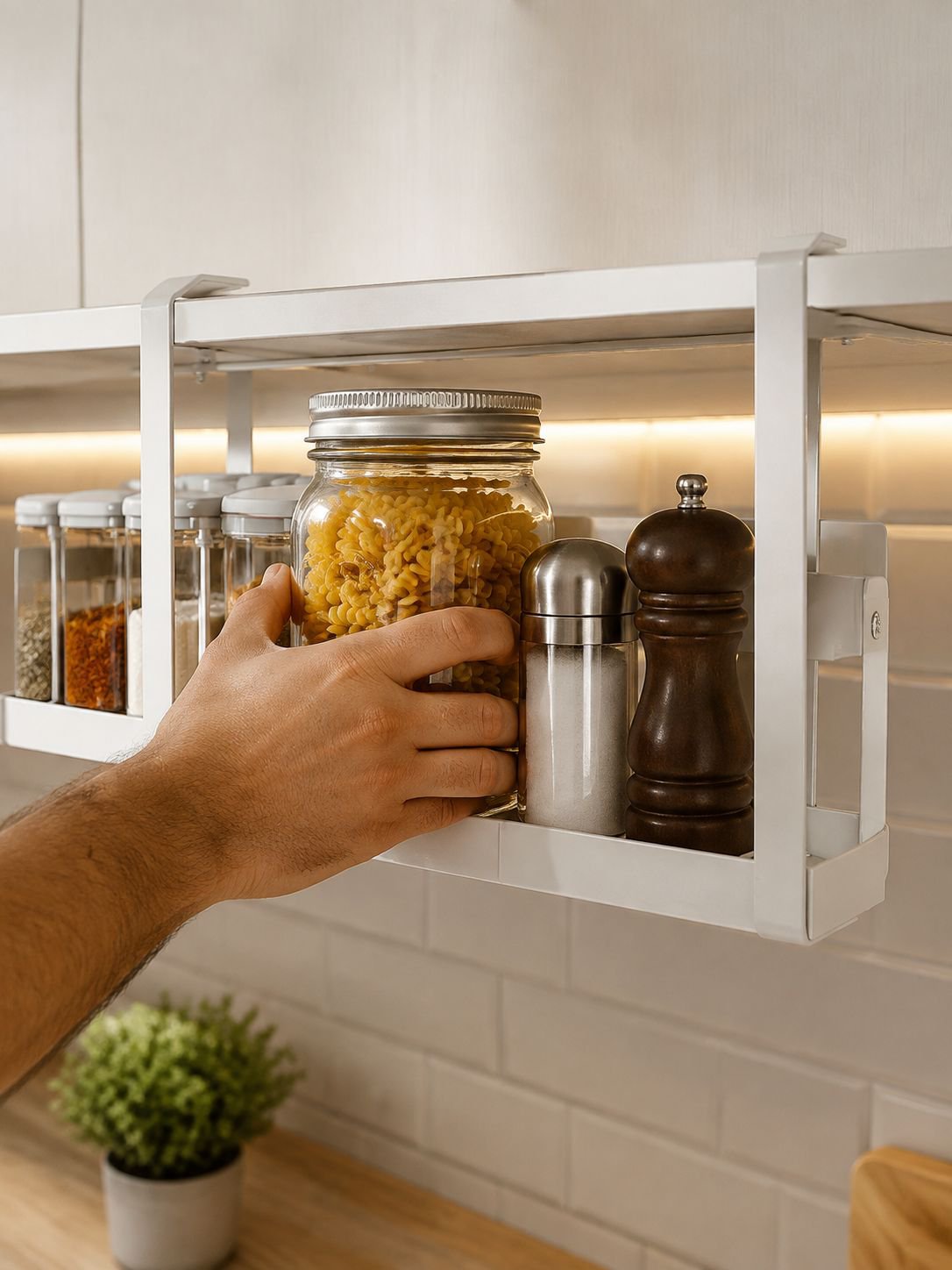 Organisateur de cuisine compact installé sous un placard