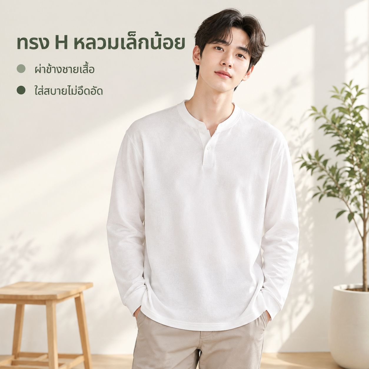 เสื้อยืดแขนยาวผู้ชายทรงคอจีนสไตล์ญี่ปุ่น