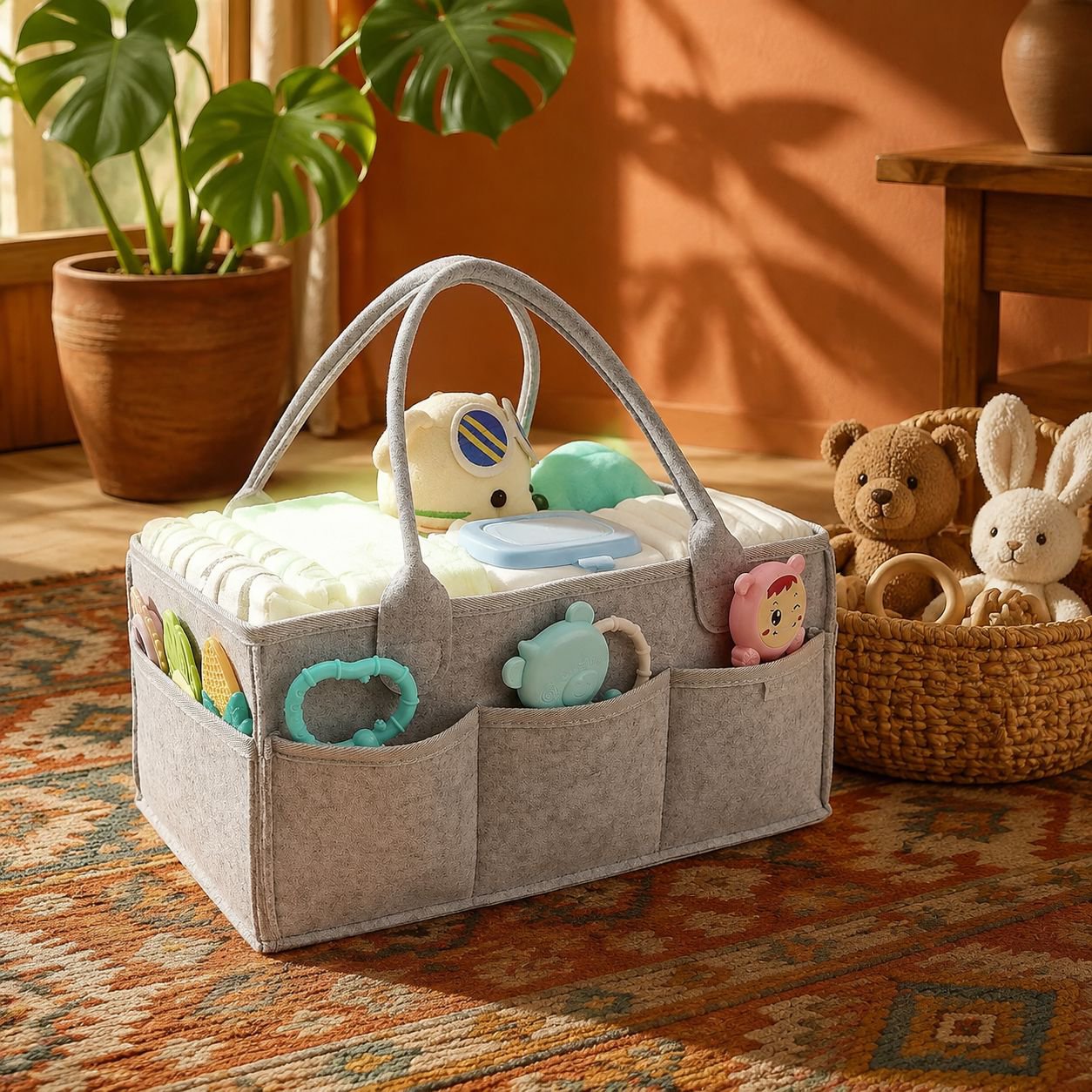 Caja organizadora de fieltro para pañales, imprescindible para mamás en casa y de viaje
