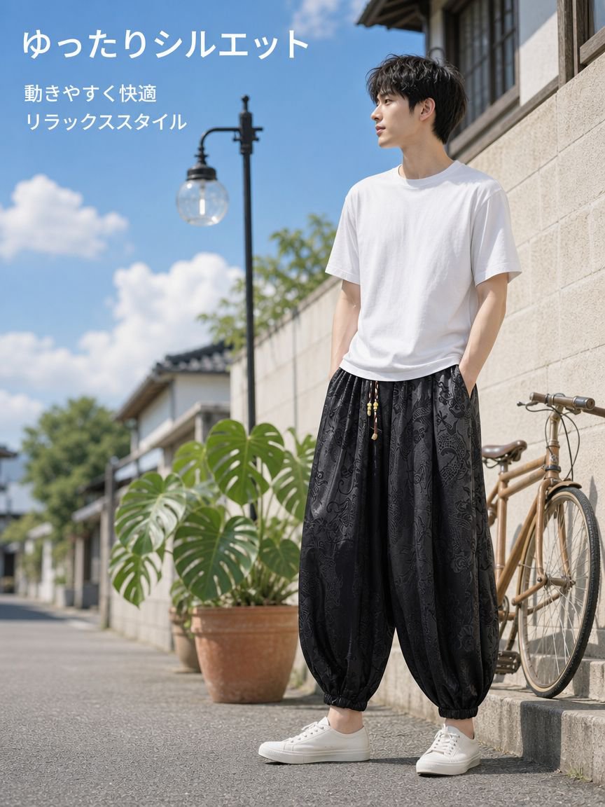 メンズゆったりアイスシルク九分丈パンツ