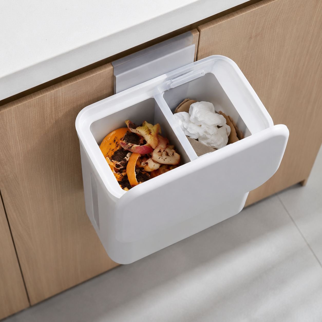 Cubo de basura colgante para puerta de gabinete de cocina, separación seco-húmedo, tapa deslizante