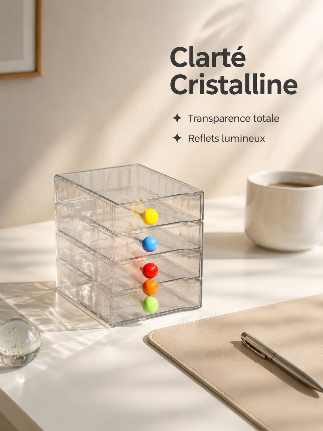 Vue détaillée des tiroirs spacieux et pratiques de la boîte de rangement