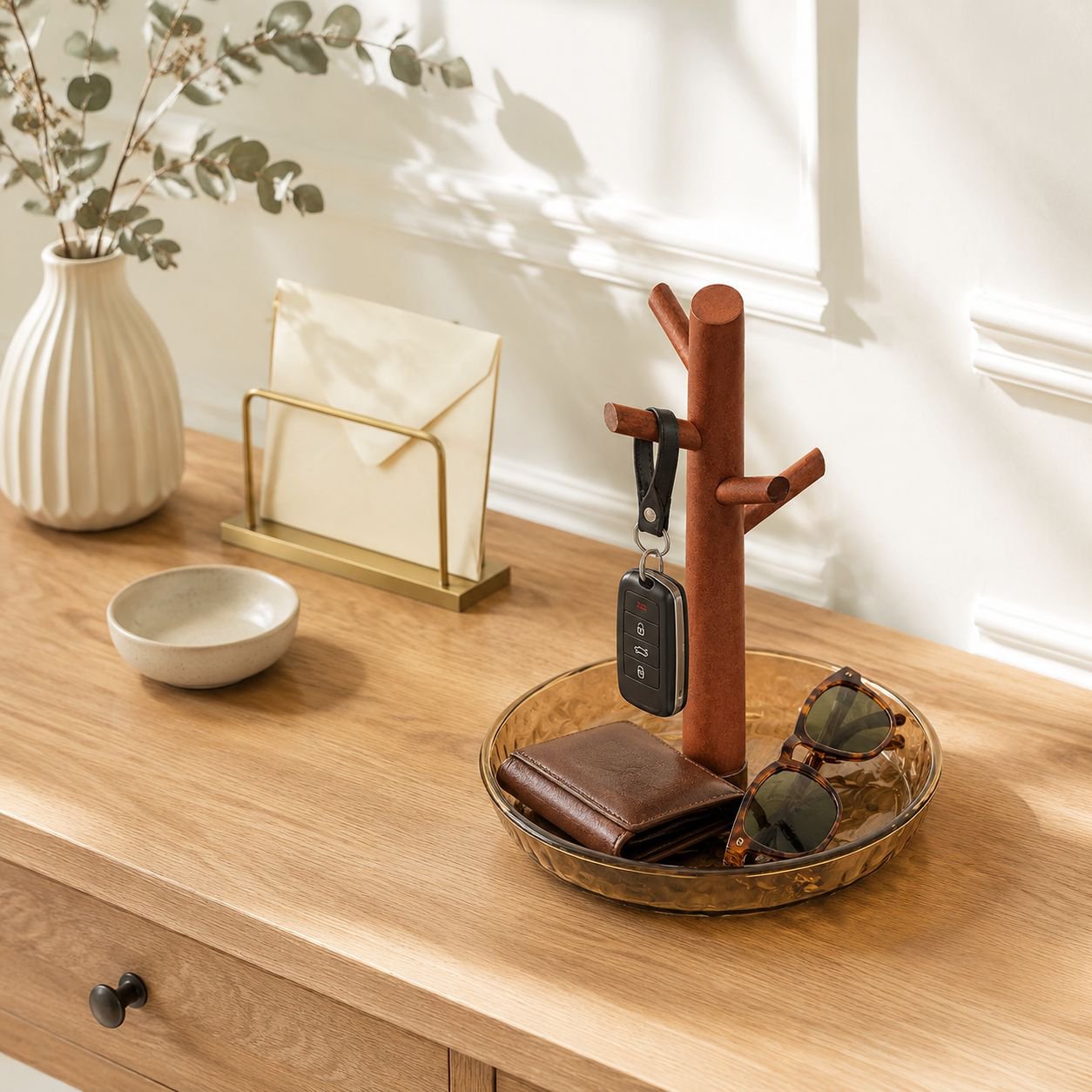 Solid Wood Entrance Porch Key Holder Office Desk Jewelry Storage Organizer