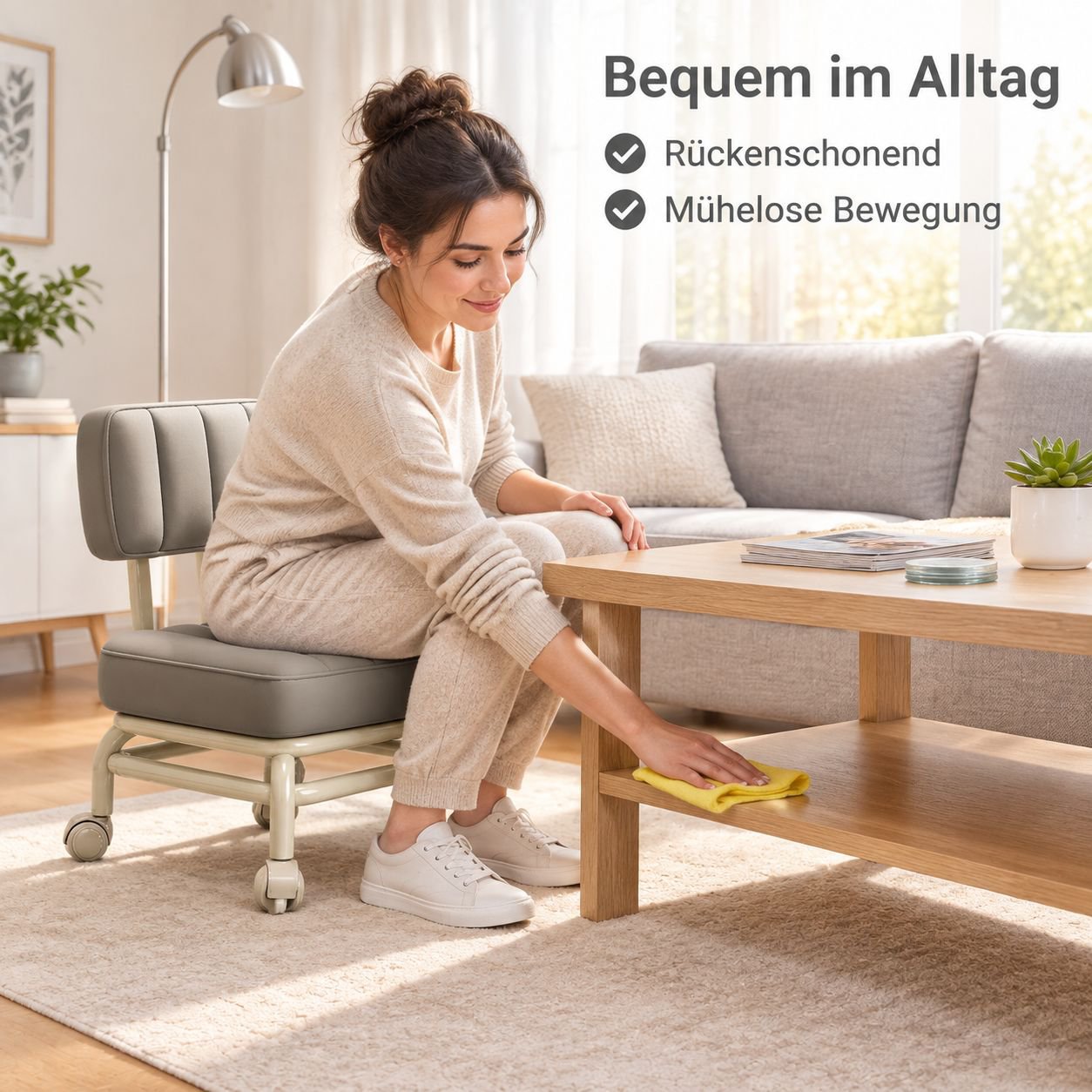 Bequemer Hocker mit Rückenlehne, weicher Polsterung und Rollen