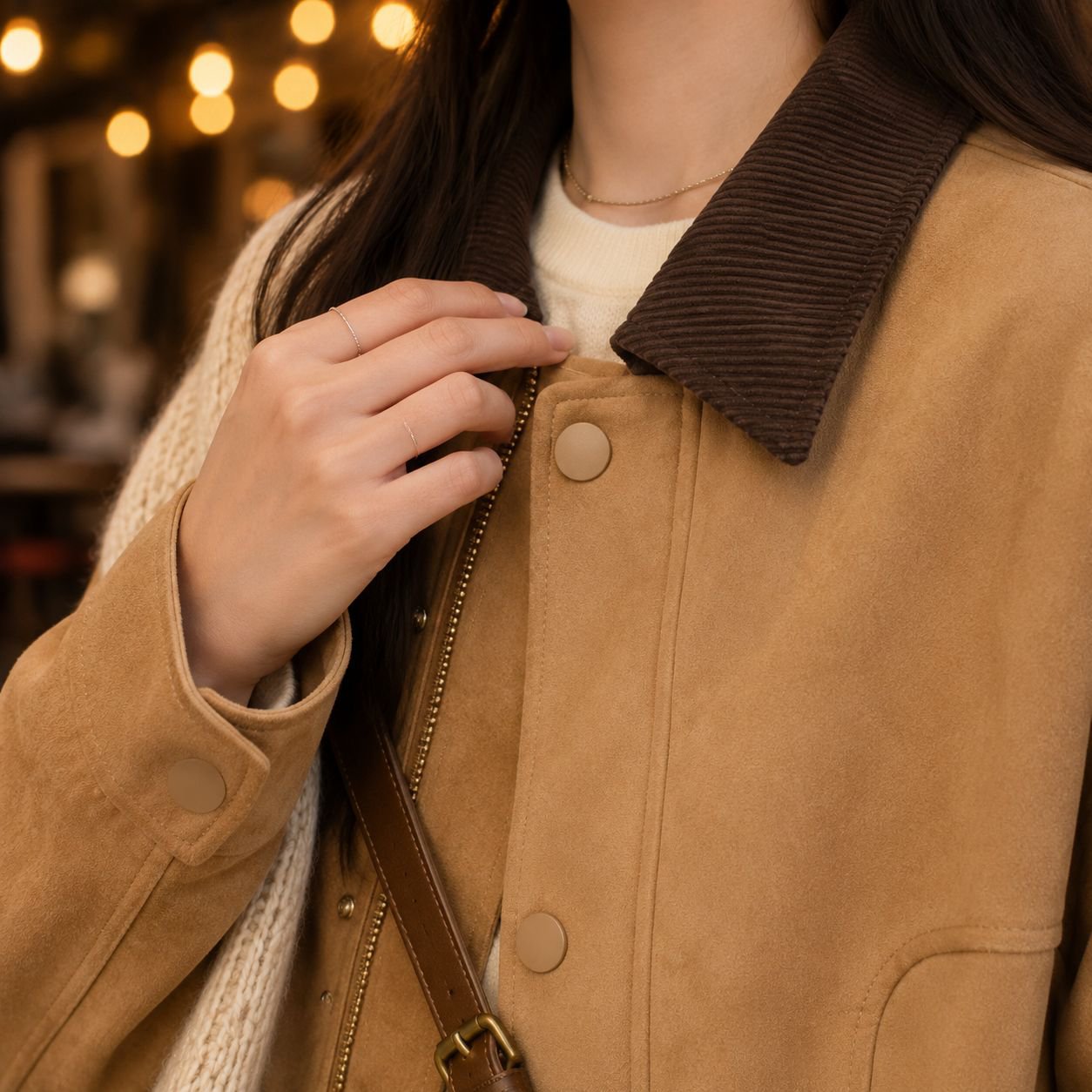 Chaqueta corta de otoño para mujer de ante en colores caramelo con botones