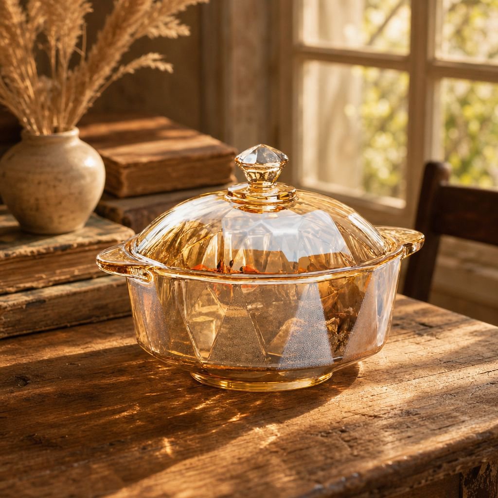 Stylish Amber Diamond Glass Double-Ear Soup Bowl with Lid for Household Noodles and Salad