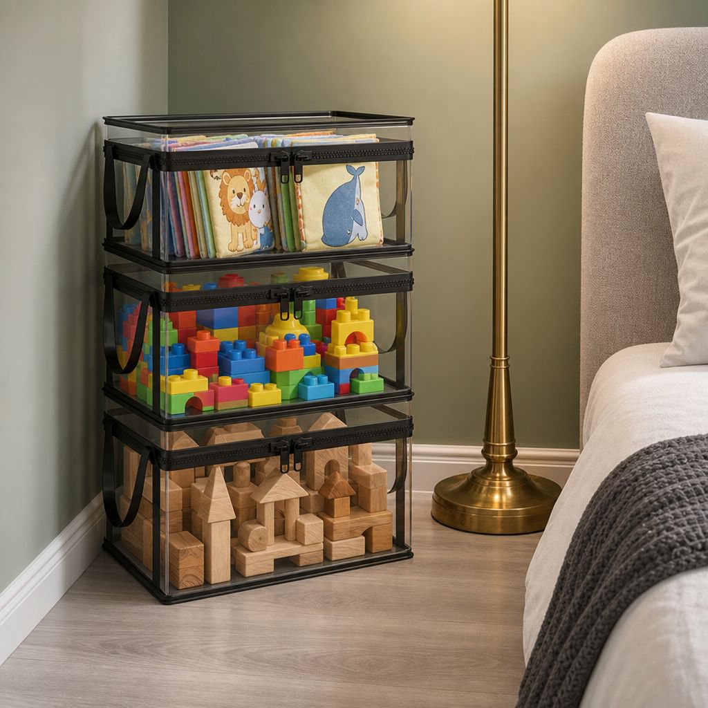 Household transparent toy storage box with lid, plush toy basket, building block and snack organizer