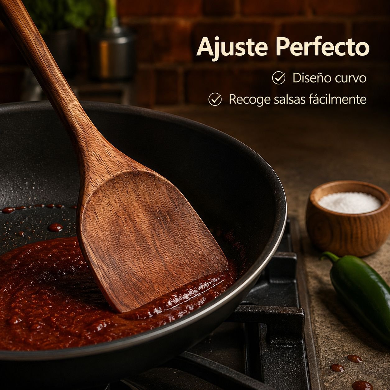 Espátula de madera de haya para cocinar en la cocina.