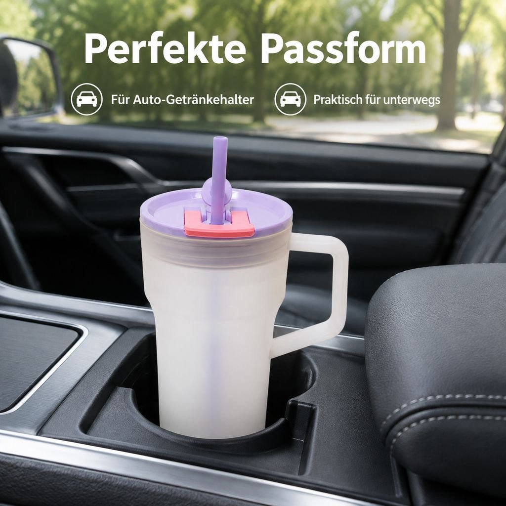 Stylischer Becher mit zwei Trinköffnungen und Strohhalm