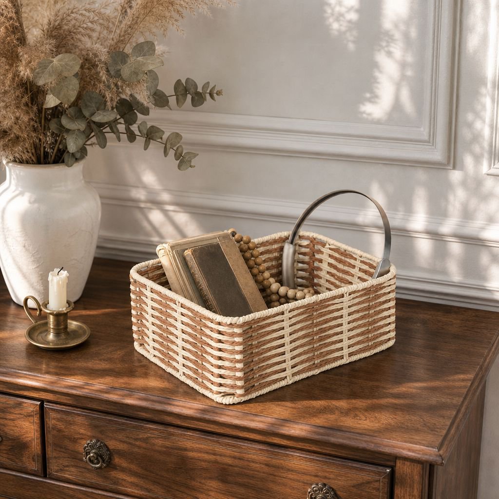 Panier de rangement rectangulaire pour bureau sur un bureau moderne