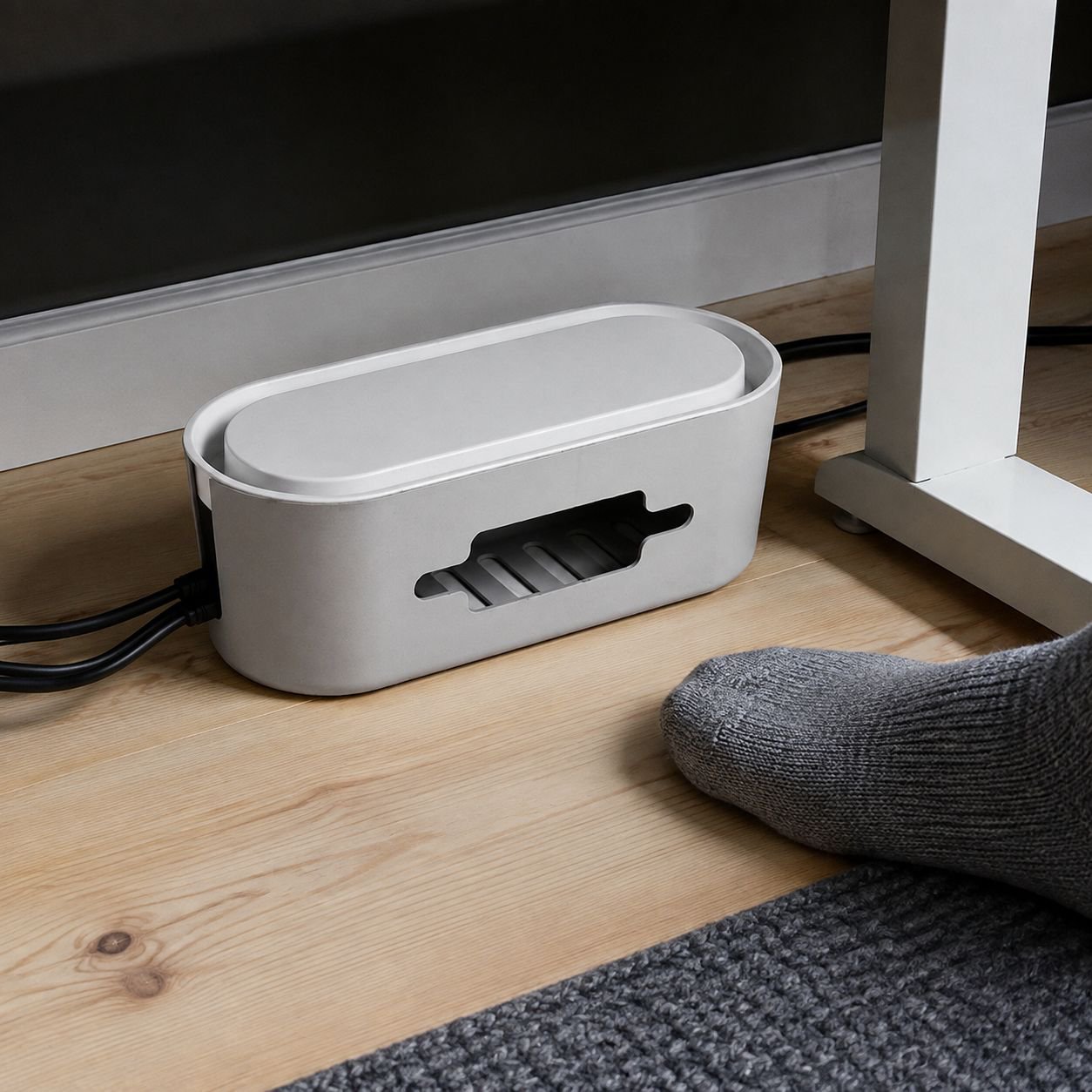 Desk cable organizer box with built-in power strip