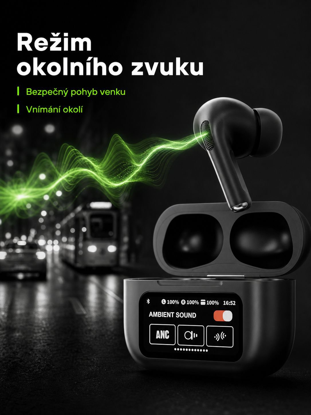 Bezdrátová sluchátka s dotykovým ovládáním, barevným displejem, dlouhou výdrží a potlačením hluku