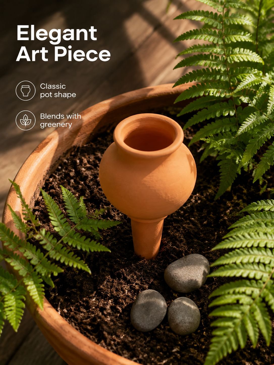 Hands installing automatic plant waterer in garden soil