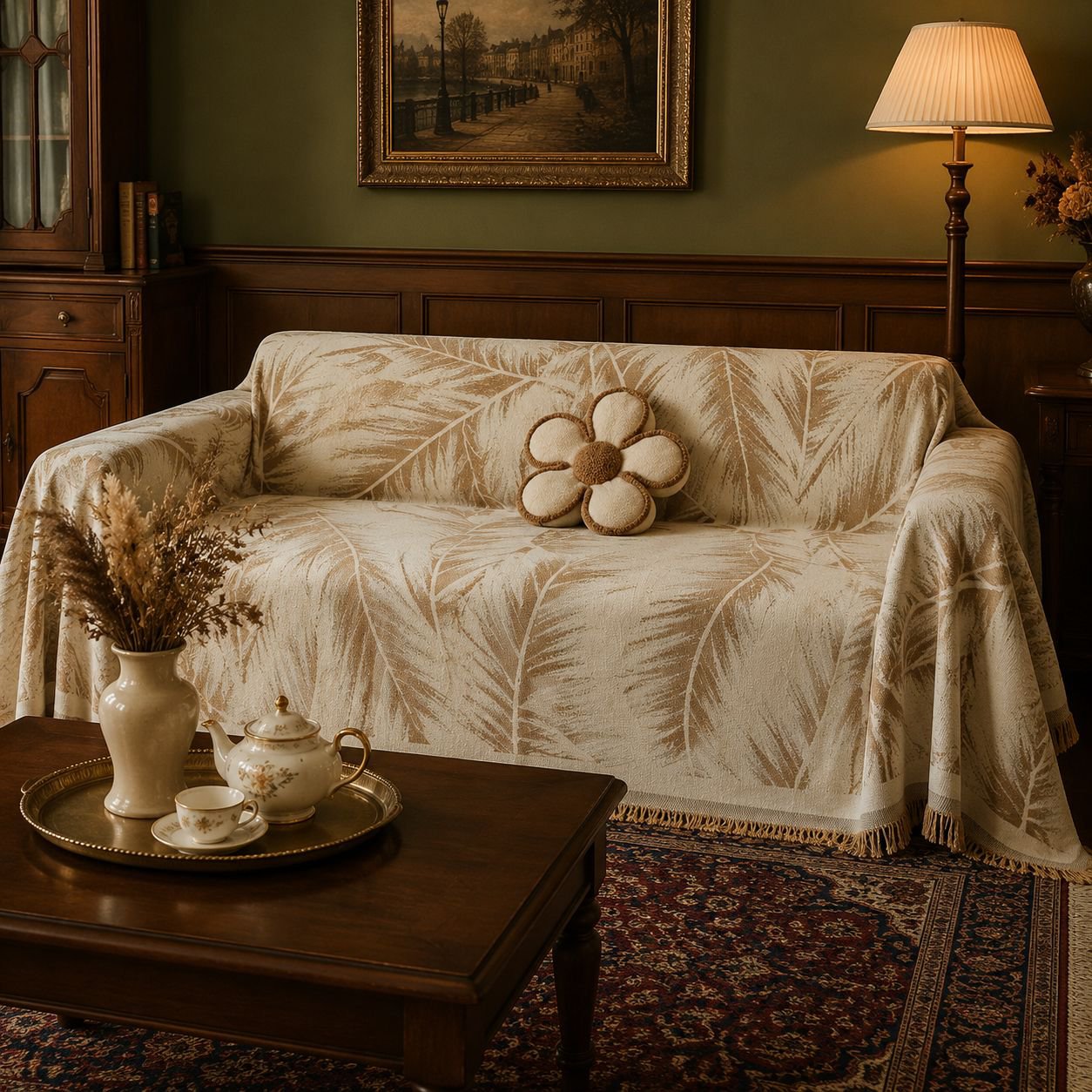Machine washable leaf pattern sofa slipcover