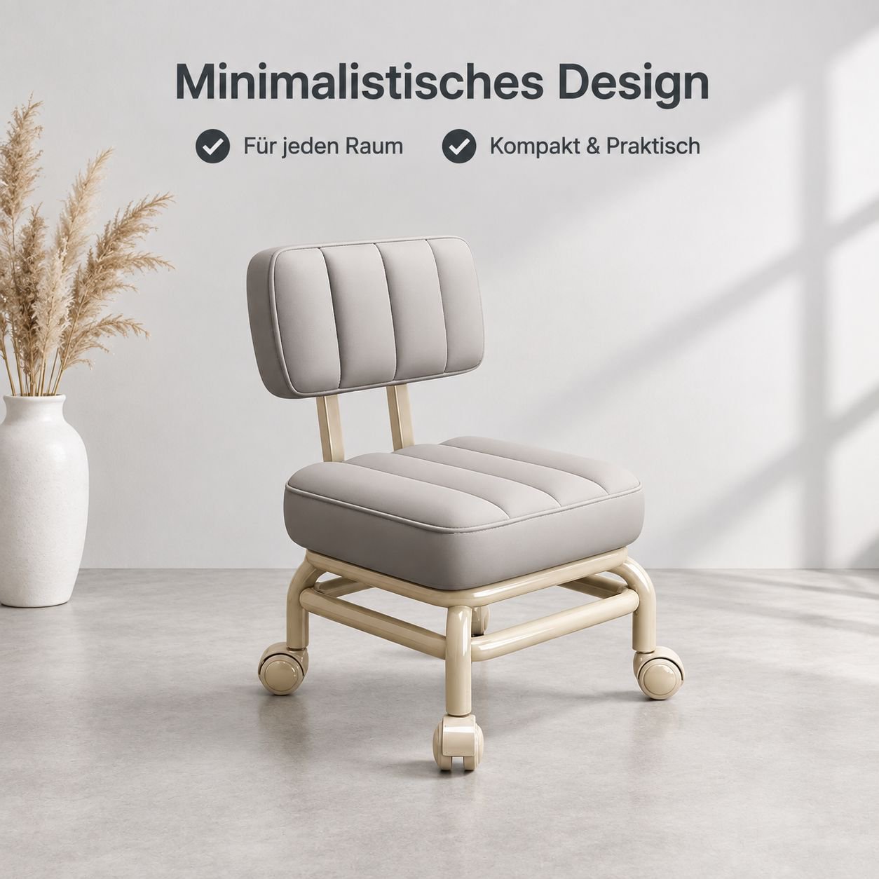 Bequemer Hocker mit Rückenlehne, weicher Polsterung und Rollen