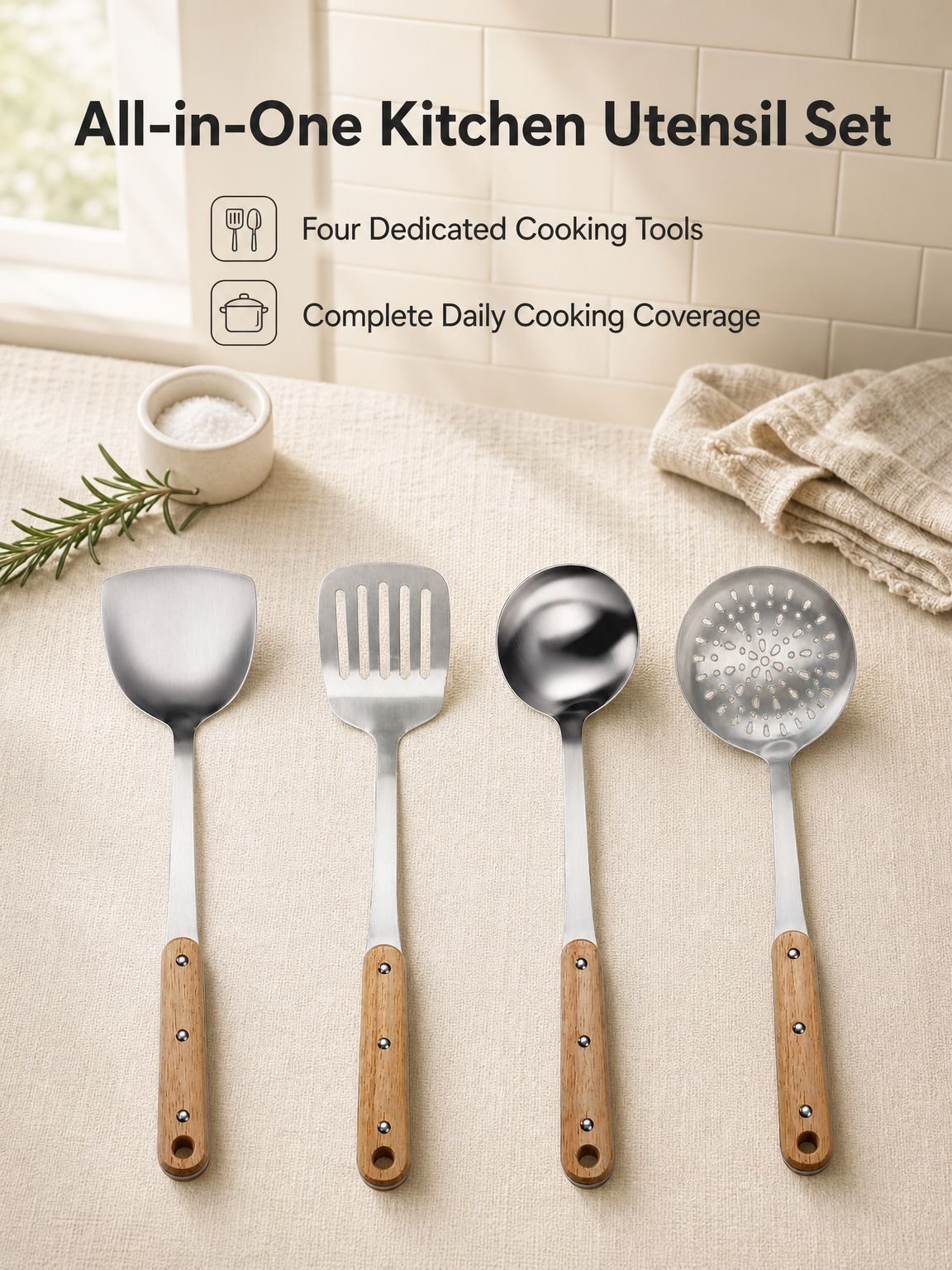 304 stainless steel spatula ladle and skimmer set with solid wood handles