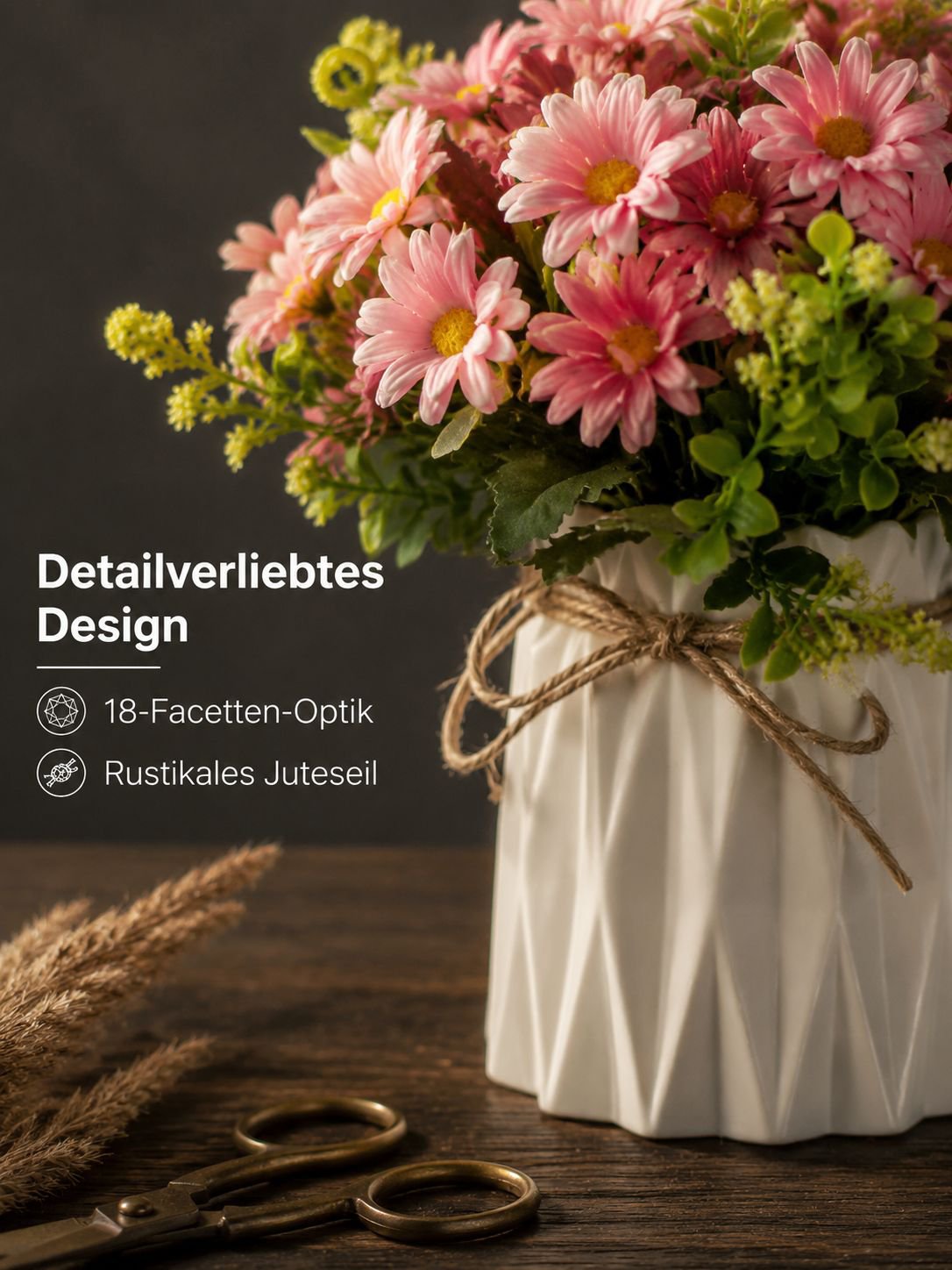 Juteseil-Deko-Vase mit künstlichen Blumen für Zuhause