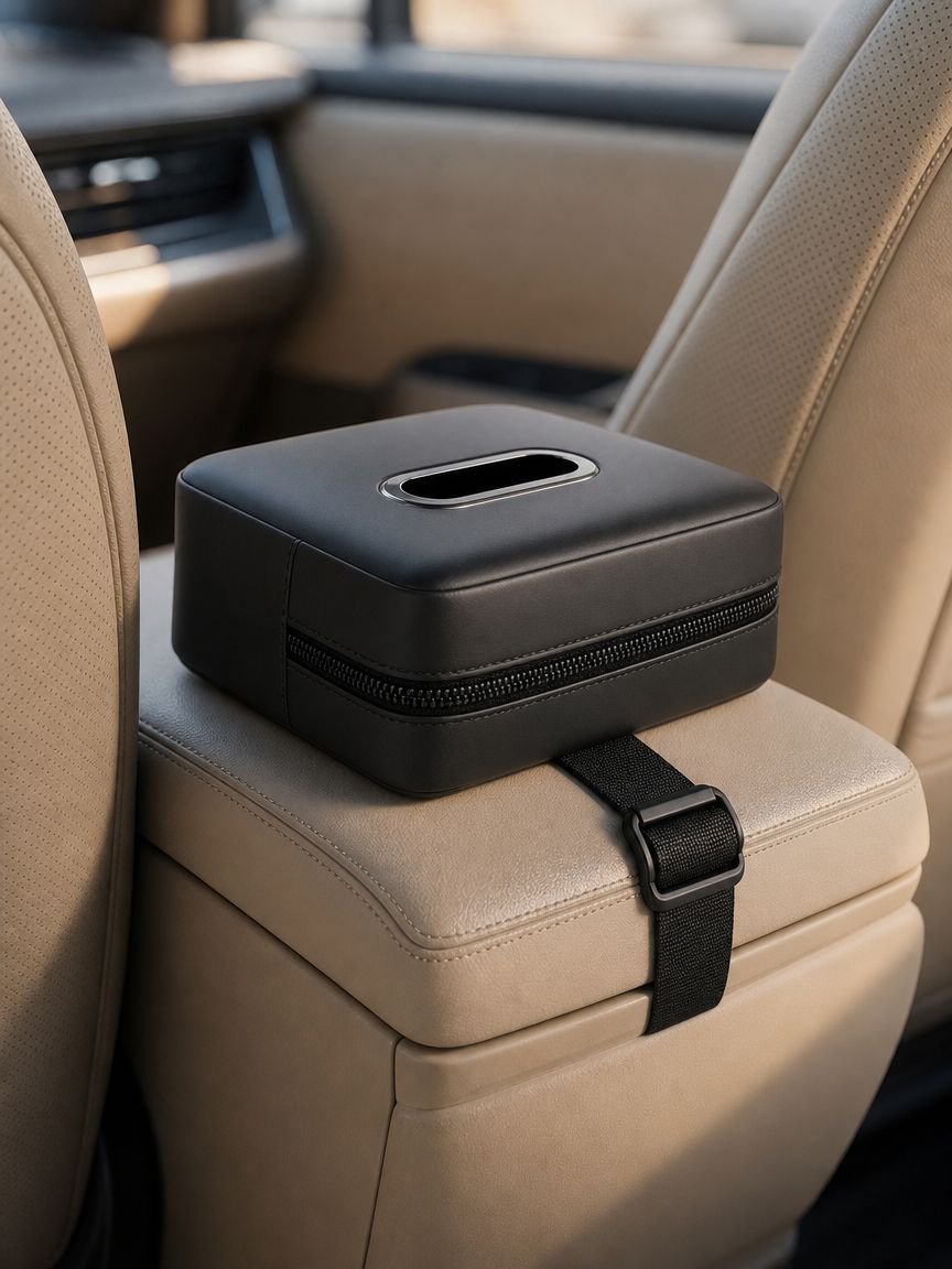 Caja de pañuelos negra para reposabrazos de coche