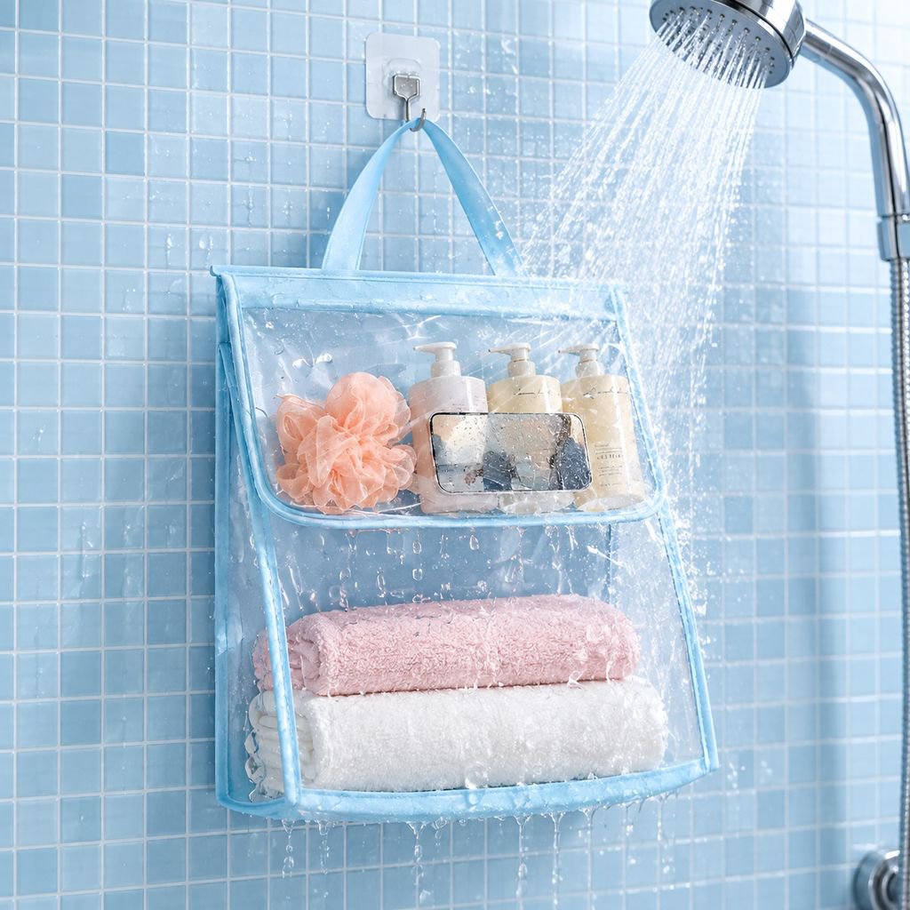 Transparent waterproof bathroom storage hanging bag, toilet shower and clothing storage bag, layered