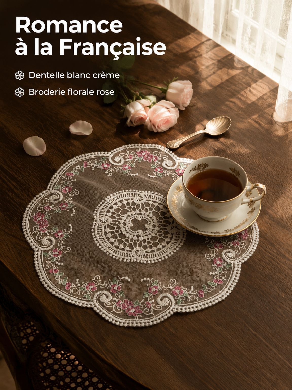 Tapis de table en tissu décoratif et rustique avec broderie en dentelle française style 