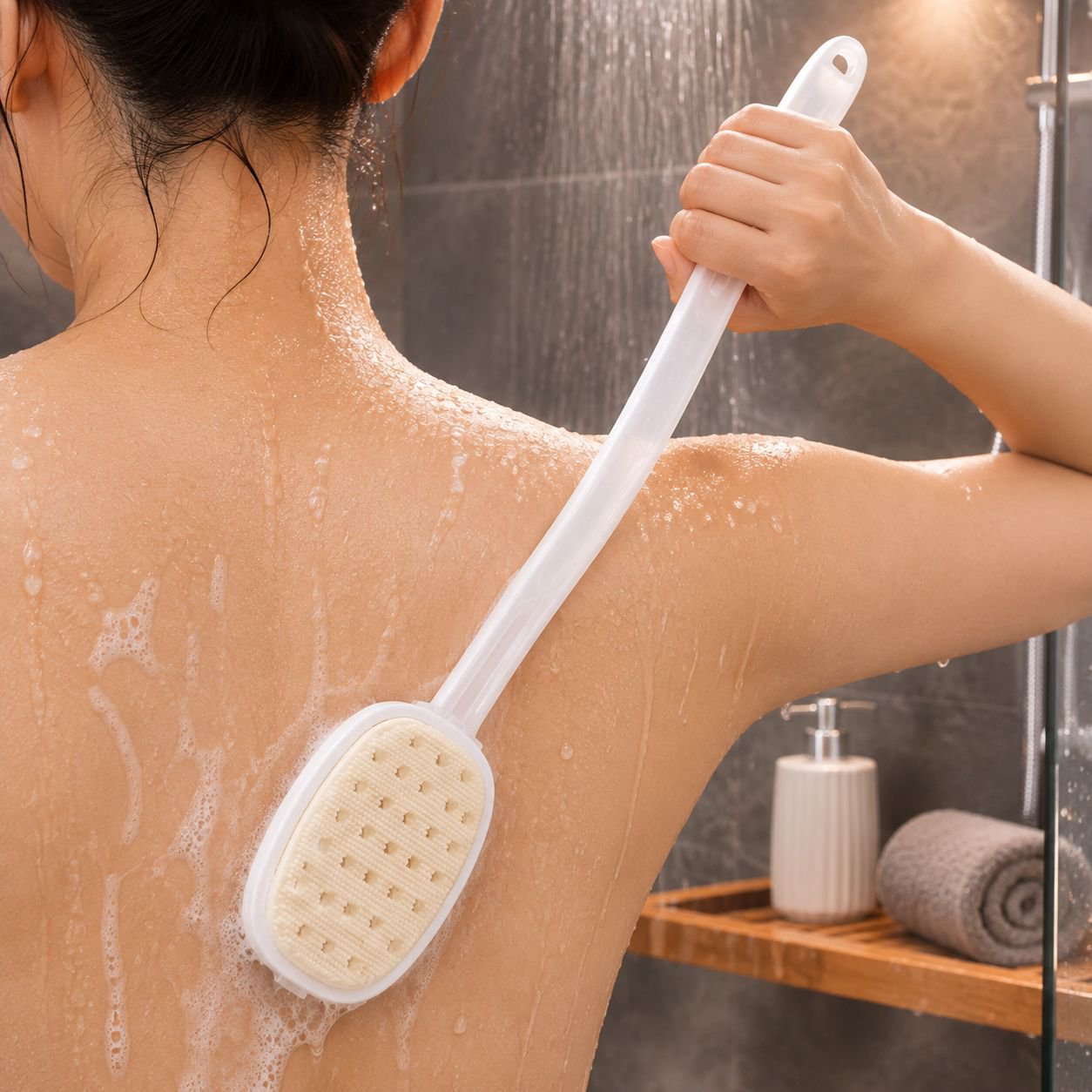 2-in-1 silicone shower brush for back cleaning
