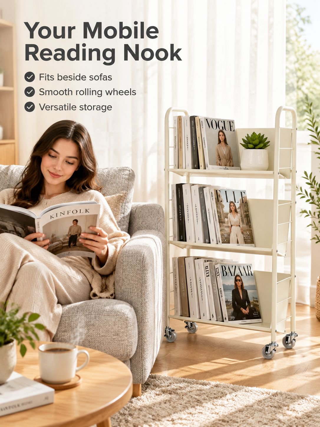Movable multi-tiered bookshelf