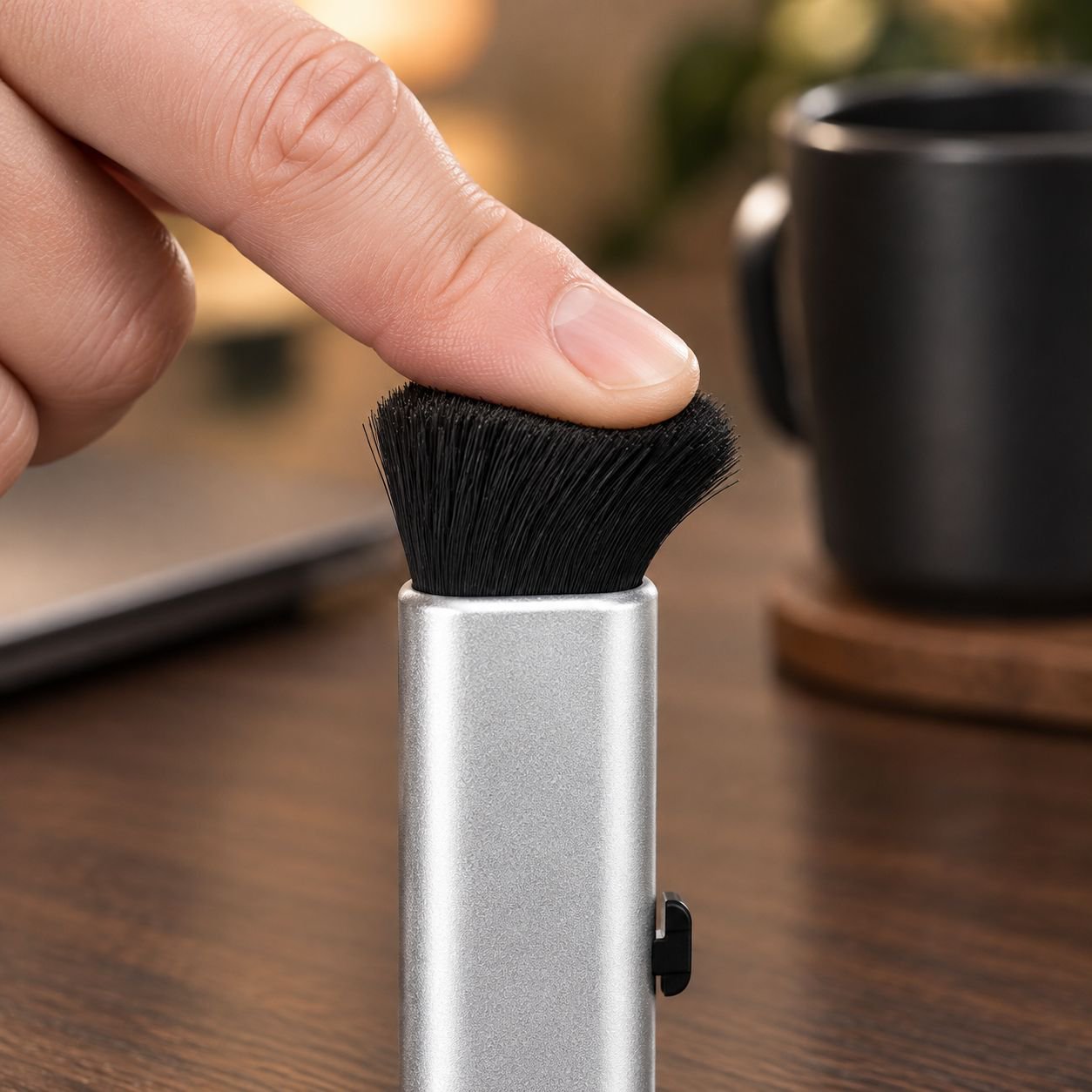 Close-up of soft bristles cleaning car air vent