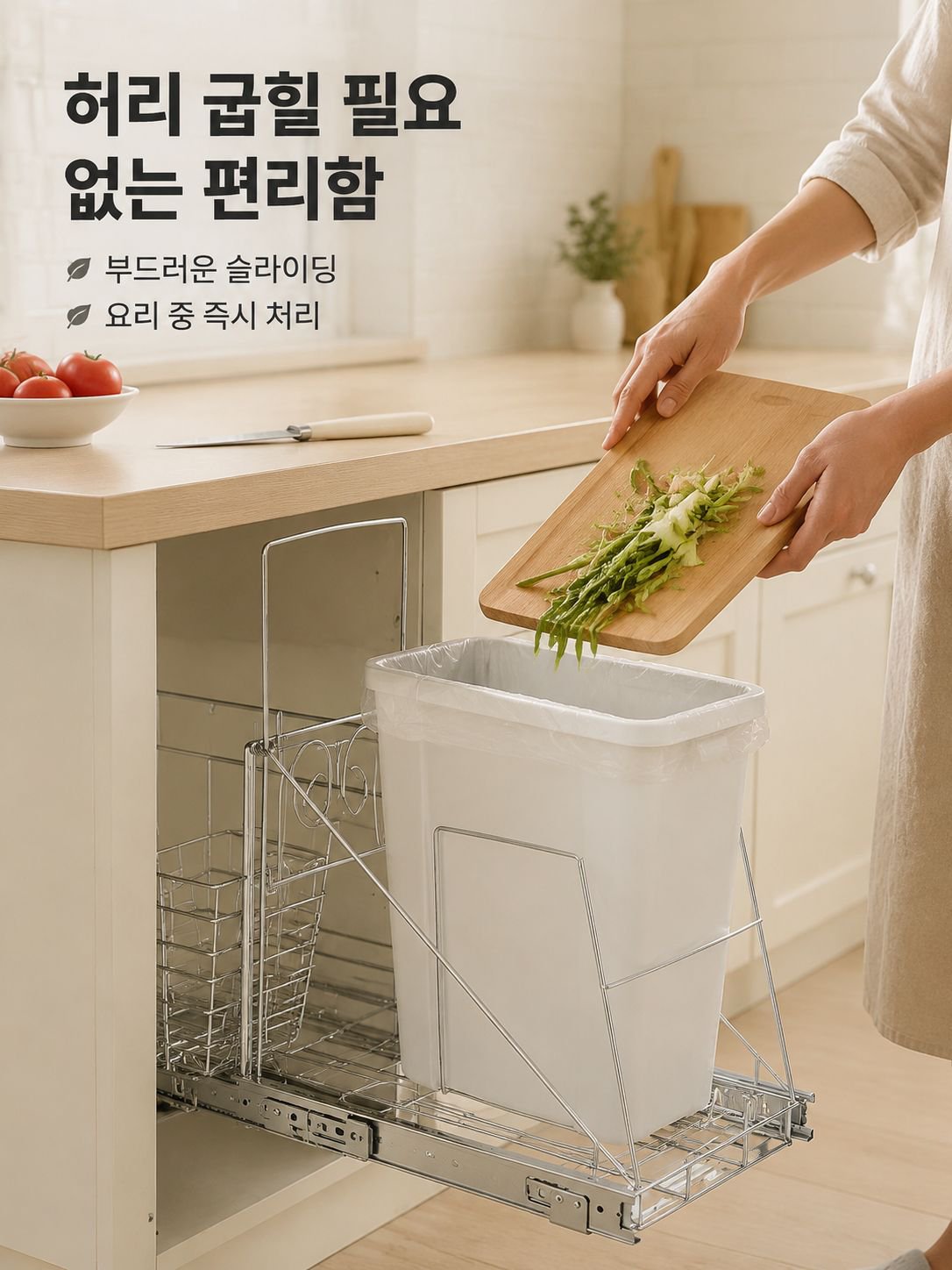 모던한 디자인의 주방 캐비닛 쓰레기통