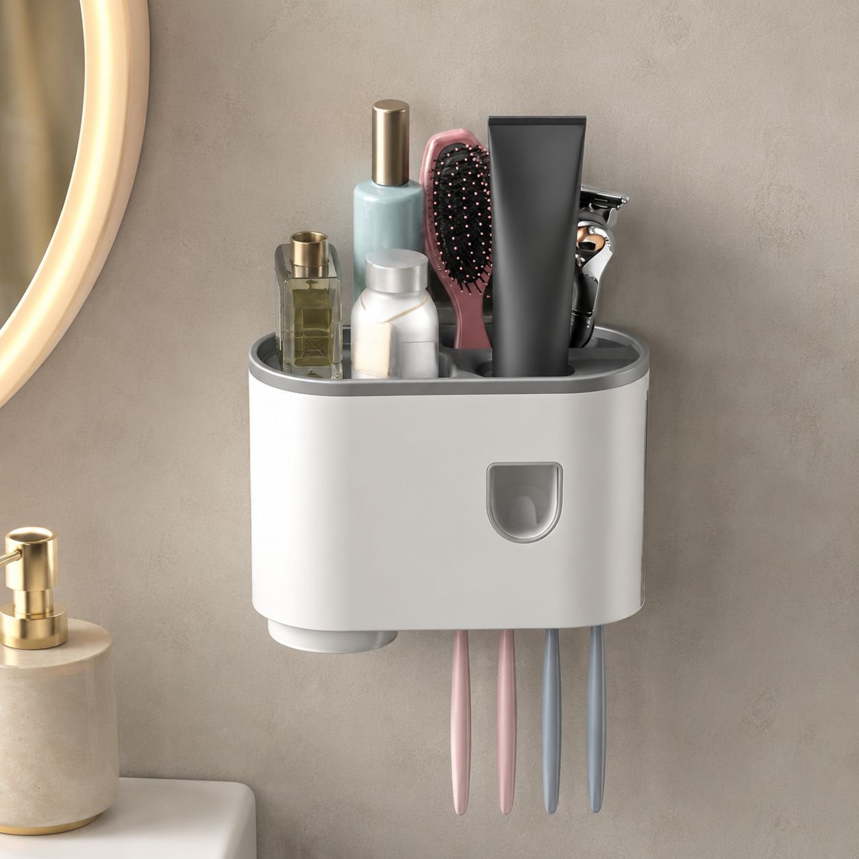 Hands-free toothpaste dispenser with magnetic cup