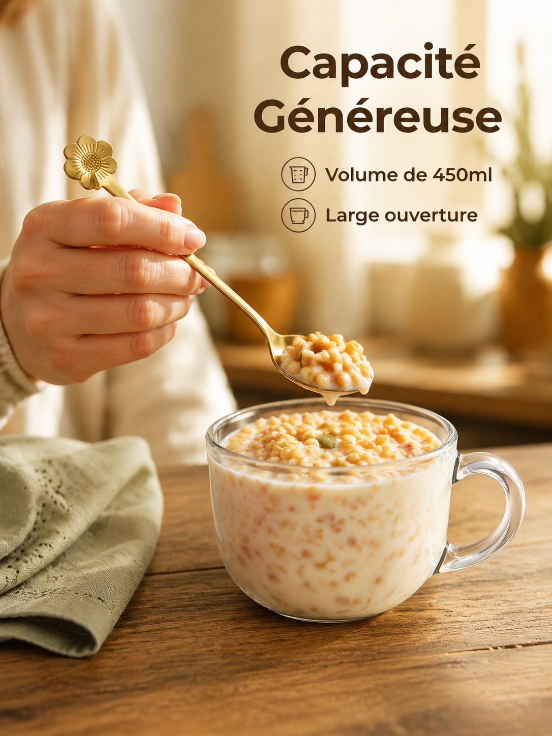 Verre à petit-déjeuner grande capacité avec couvercle et cuillère