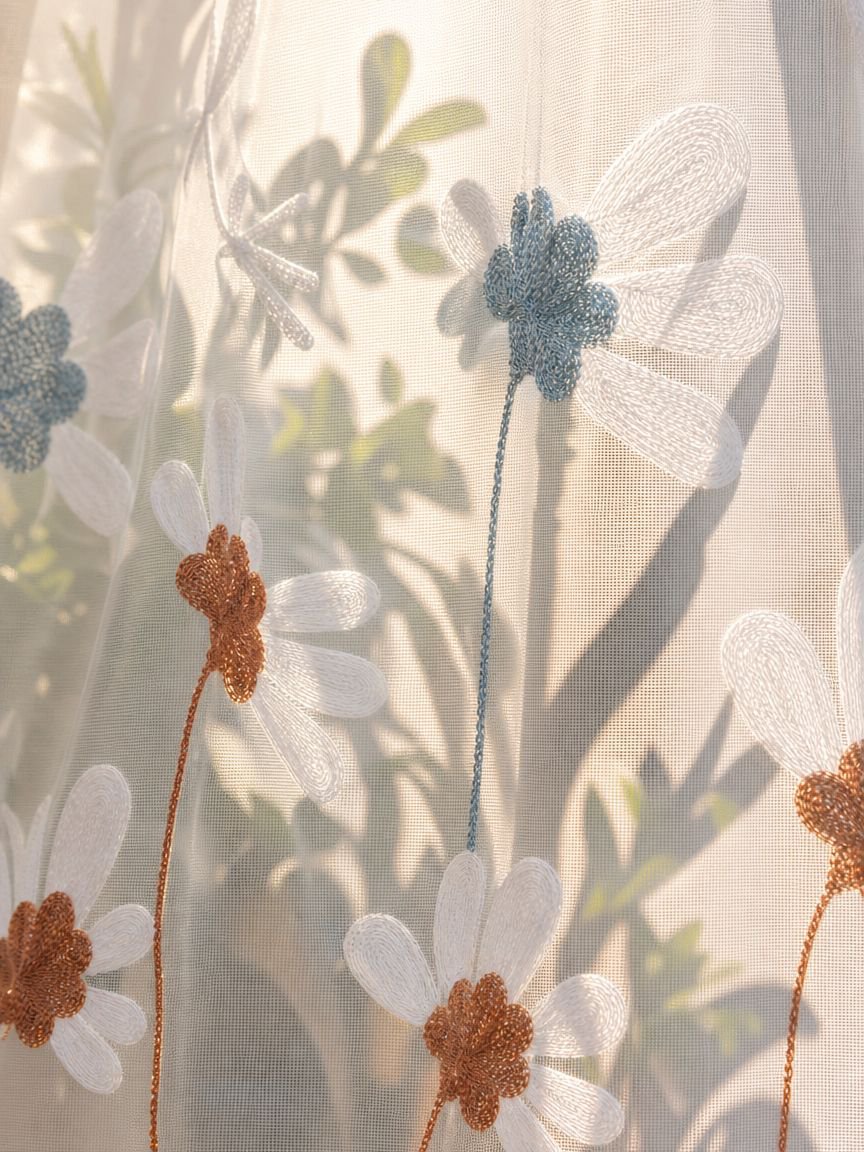 Detailansicht der Chrysanthemen-Stickerei auf dem Vorhang