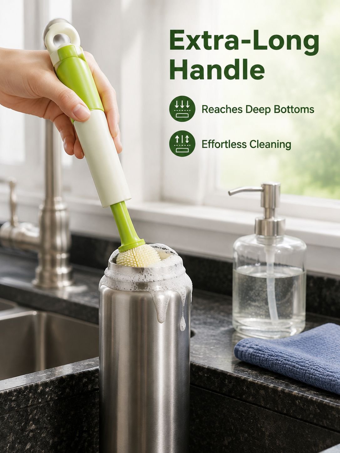 6-in-1 Multipurpose Bottle Brush with Long Handle, Suitable for Bottles, Cups, and Thermos