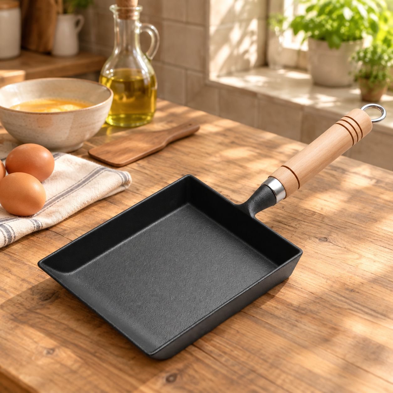 Litinová čtvercová pánev na Tamagoyaki a japonské vaječné omelety, bez povlaku