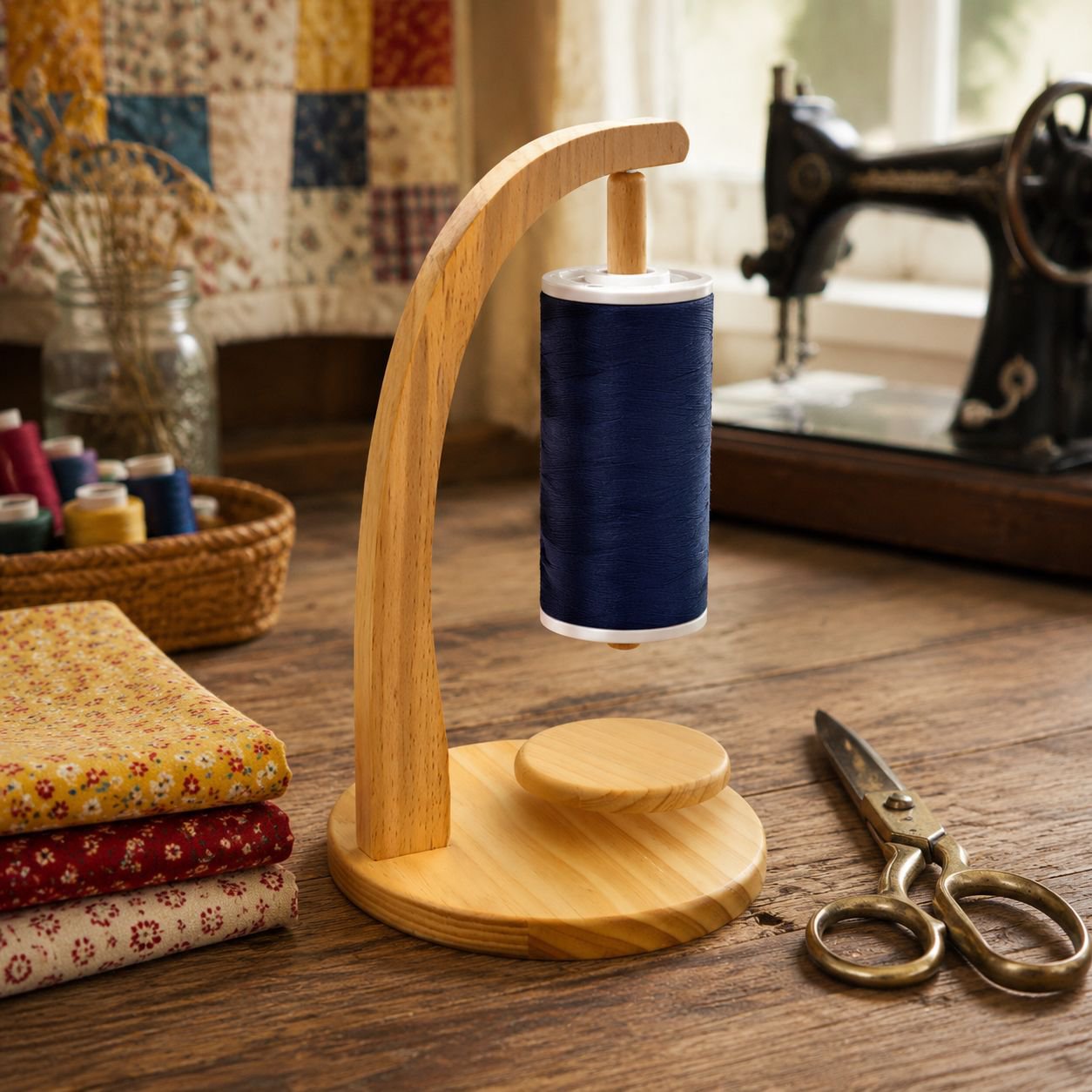 Craft room setup featuring the rotating magnetic thread holder