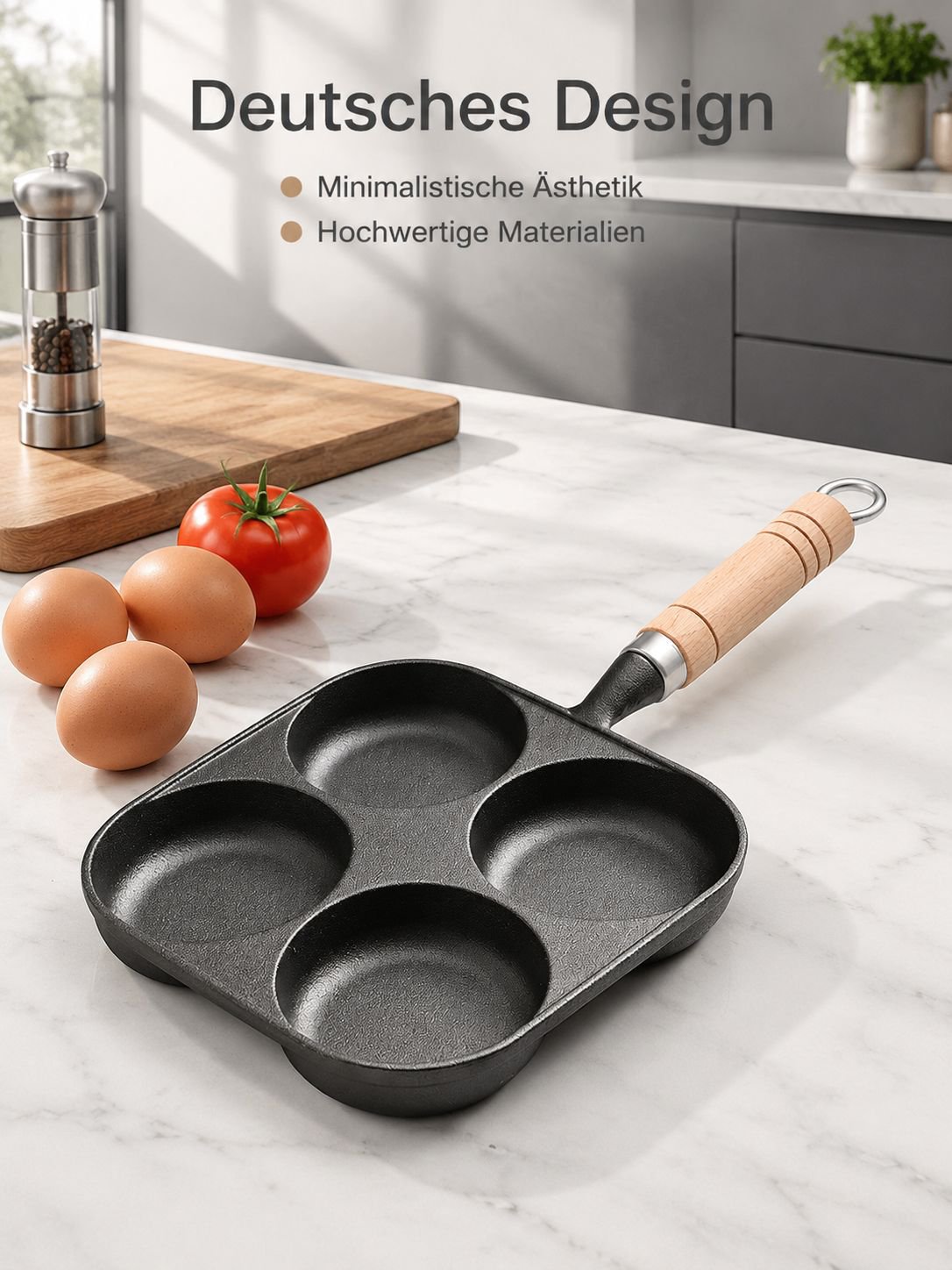 Verdickte Bratpfanne mit Spiegelei in moderner Küche