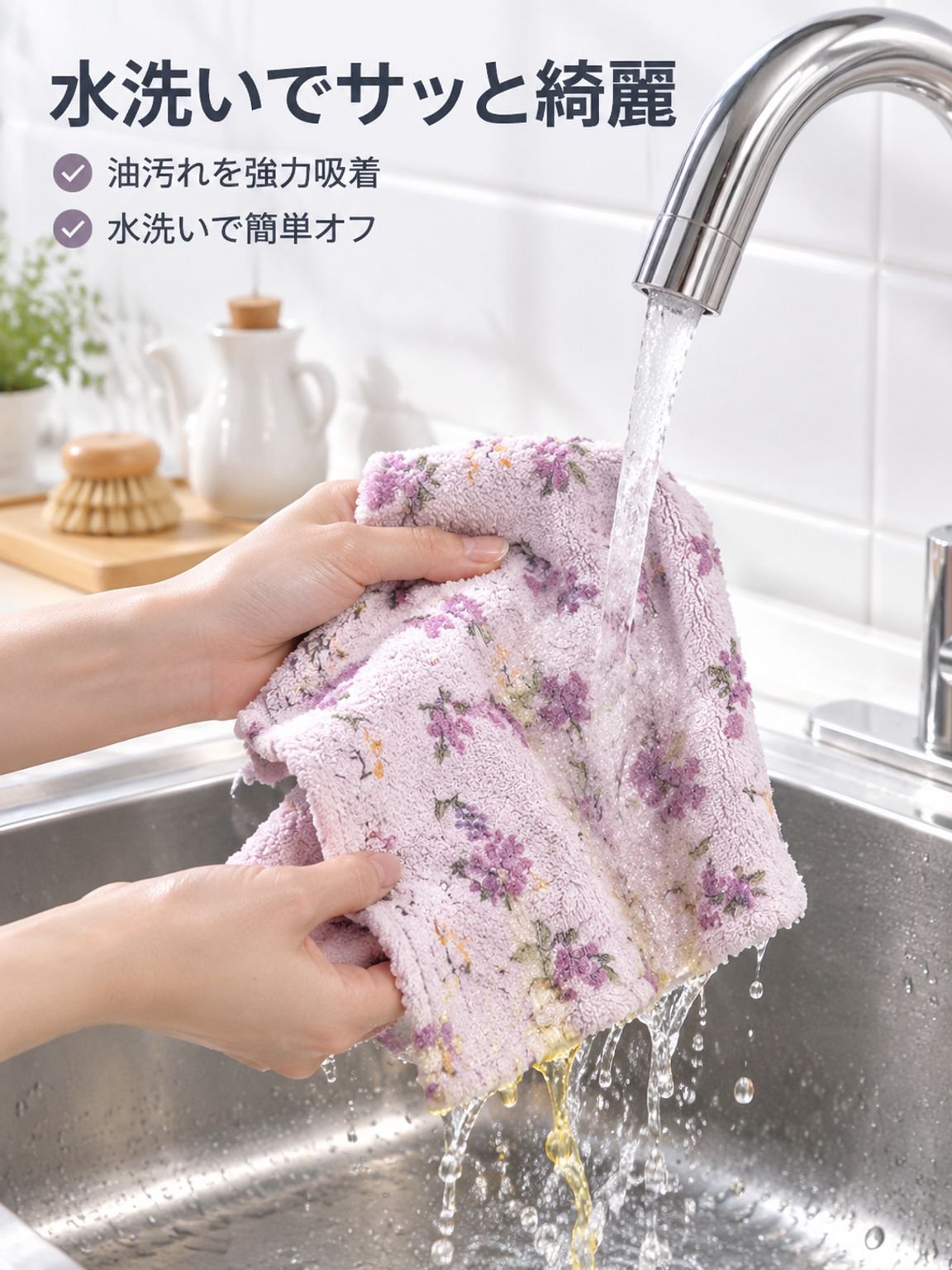 紫・ピンクの小花柄 油汚れが付きにくいキッチンクロス