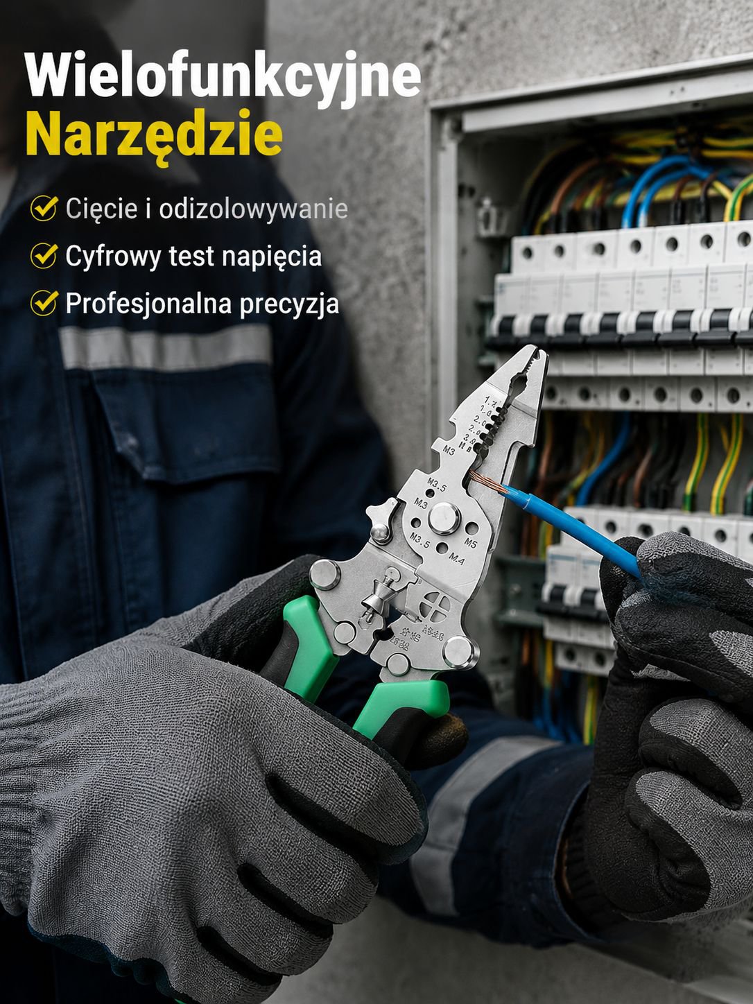 Wielozadaniowy zestaw do cięcia i pomiaru napięcia dla elektryków