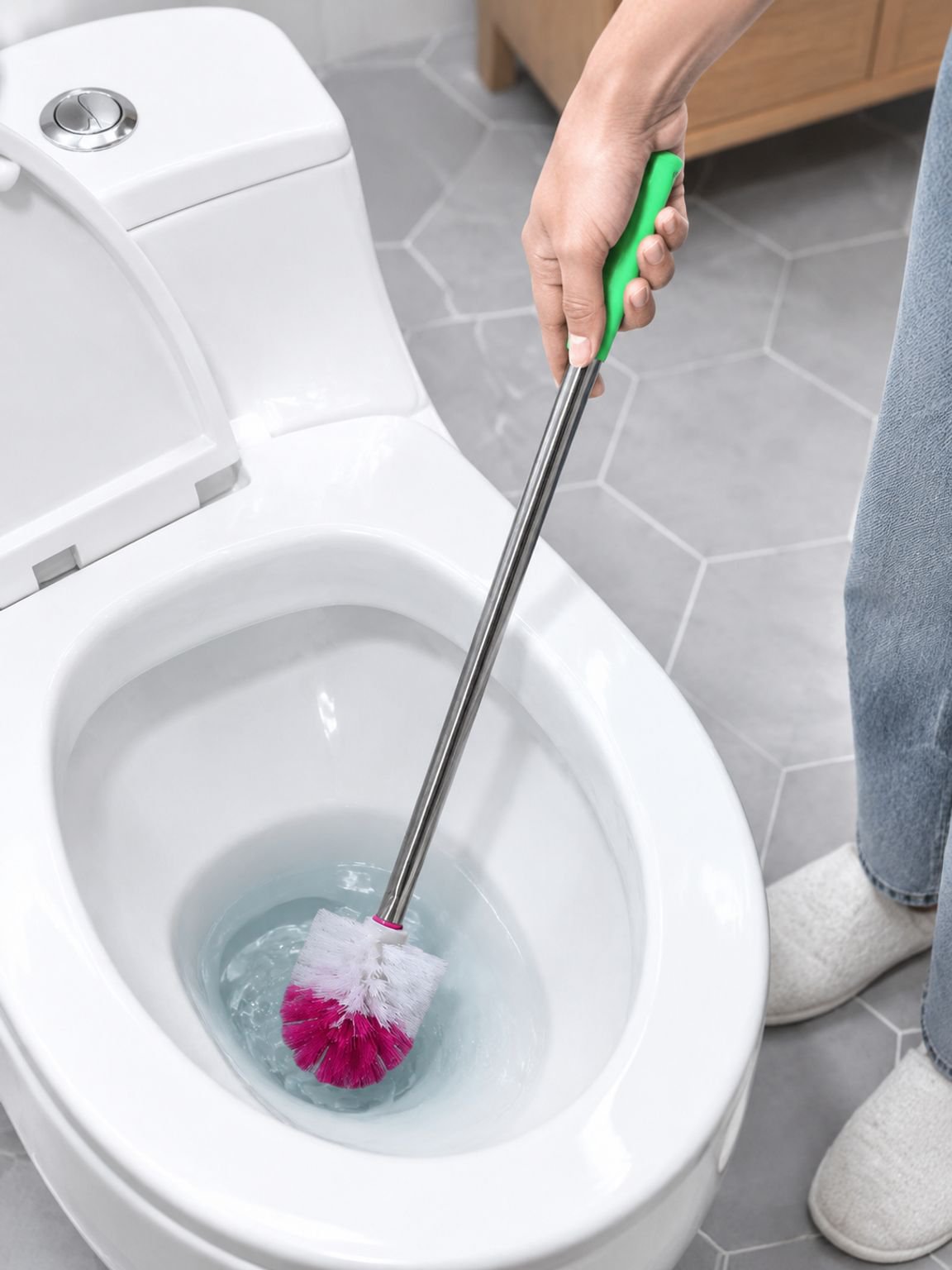 Zoom sur le manche robuste de la brosse WC en acier inoxydable