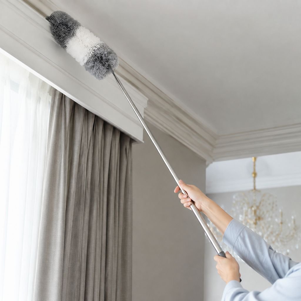Extendable feather duster reaching ceiling corners