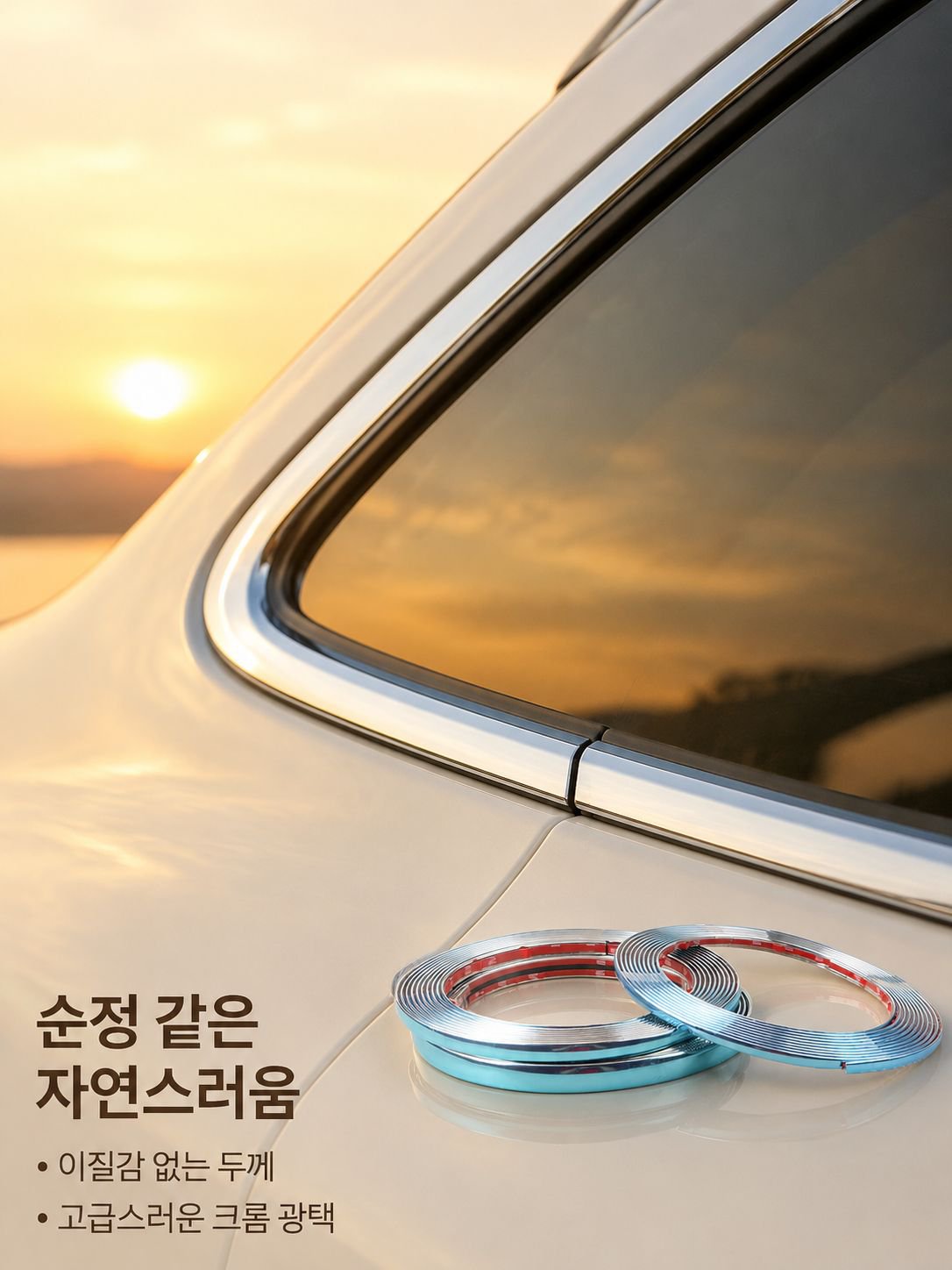 자동차 창문에 견고하게 부착된 크롬 장식