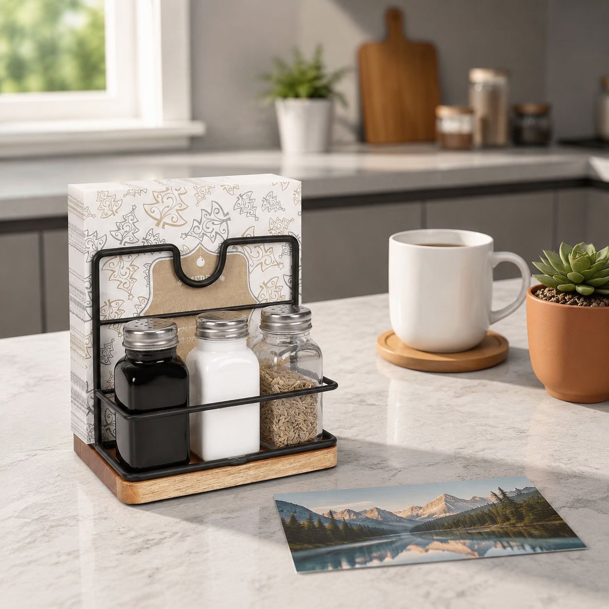 Organizador de madera con especias y utensilios de cocina
