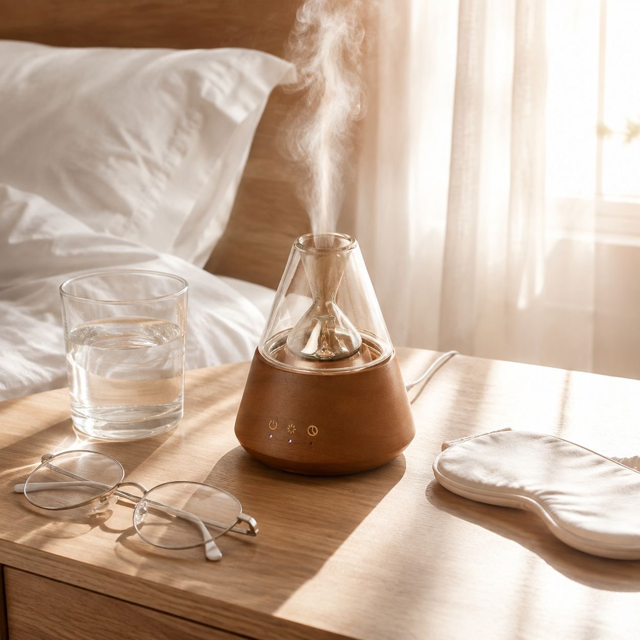 Relaxing bedroom ambiance with essential oil diffuser