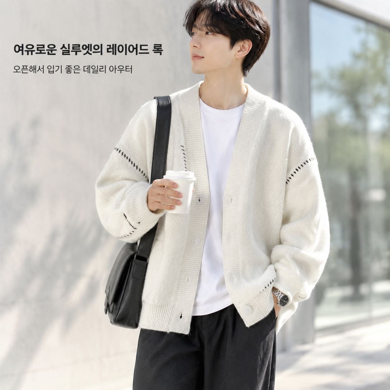 가을용 남성 오픈 가디건 니트 스웨터, 루즈핏 V넥 스타일