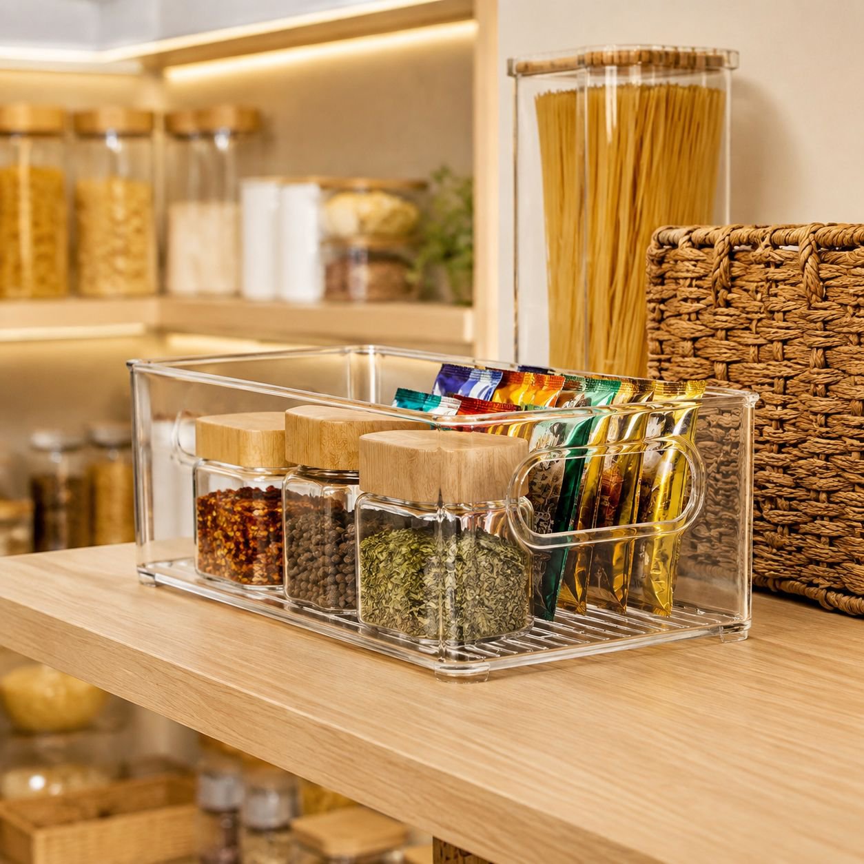 Organized pantry with multiple clear acrylic storage boxes