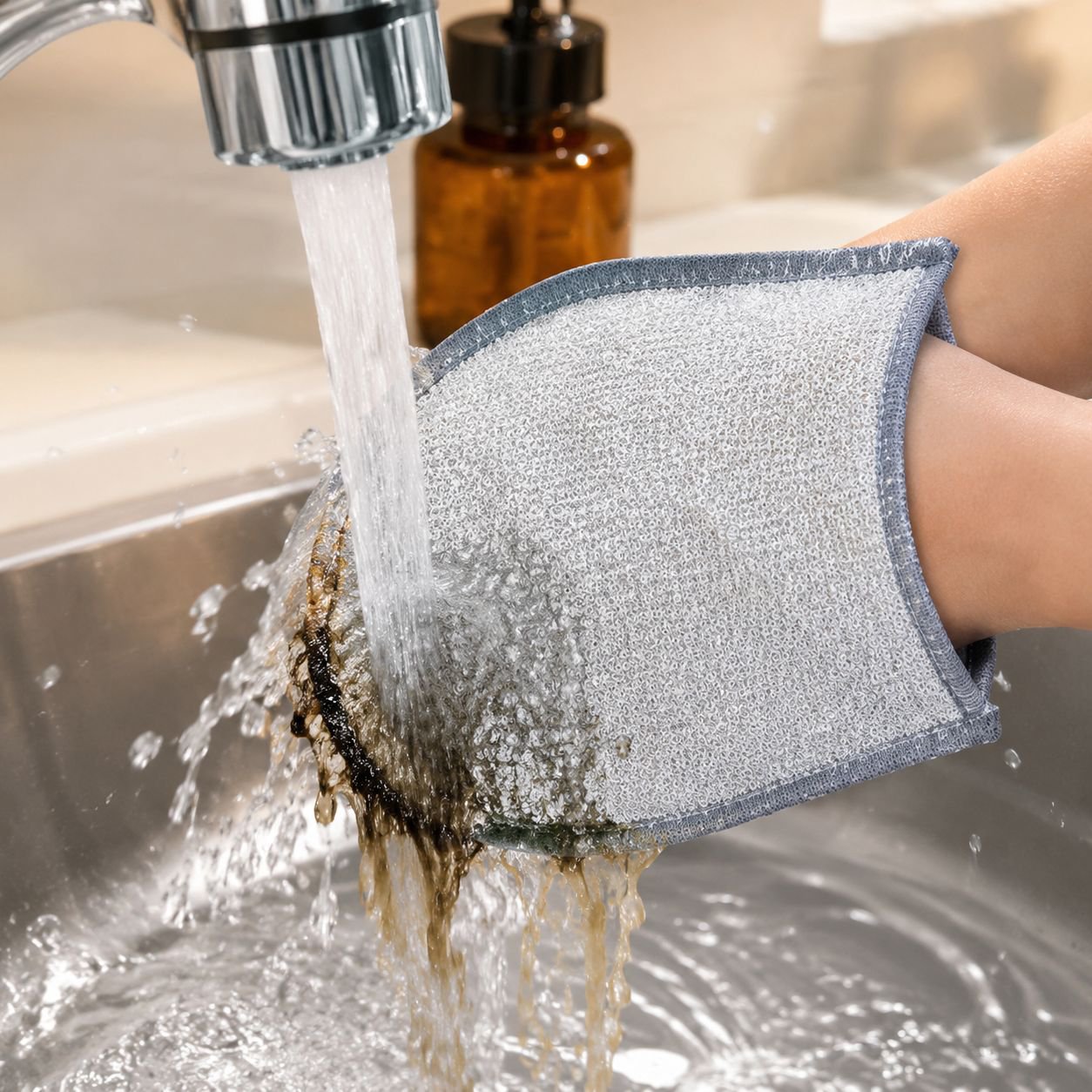 Absorbent kitchen cloth soaking up oil spills