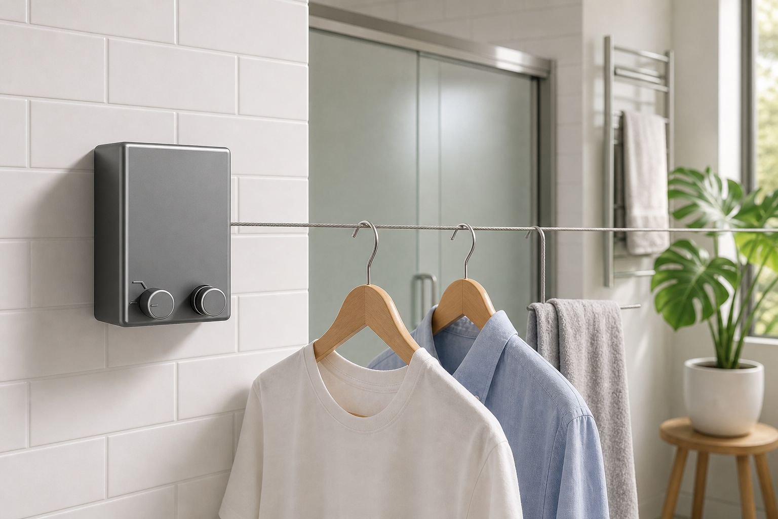 Invisible drying rack blending with modern bathroom decor