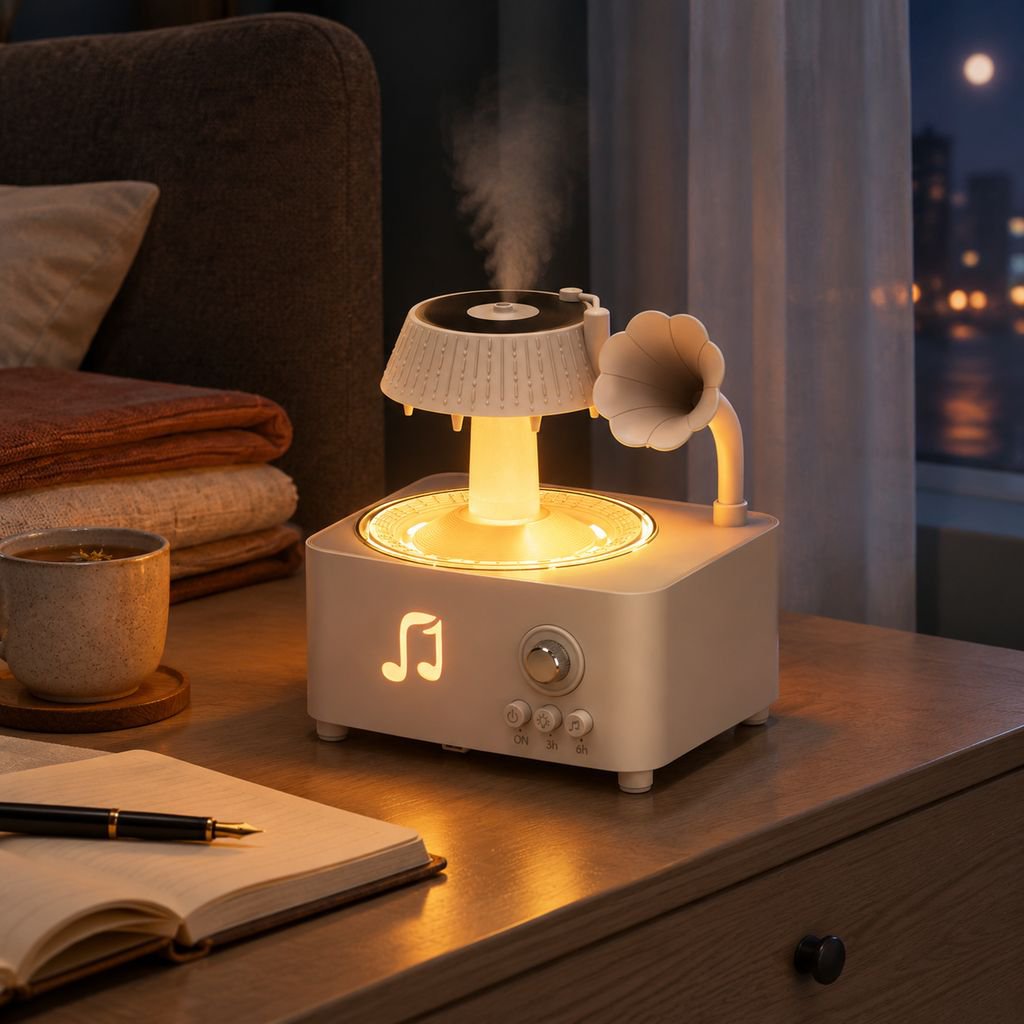レトロ蓄音機風の雨滴加湿器、7色ムードライト・リモコン付き、家庭用静音アロマディフューザー