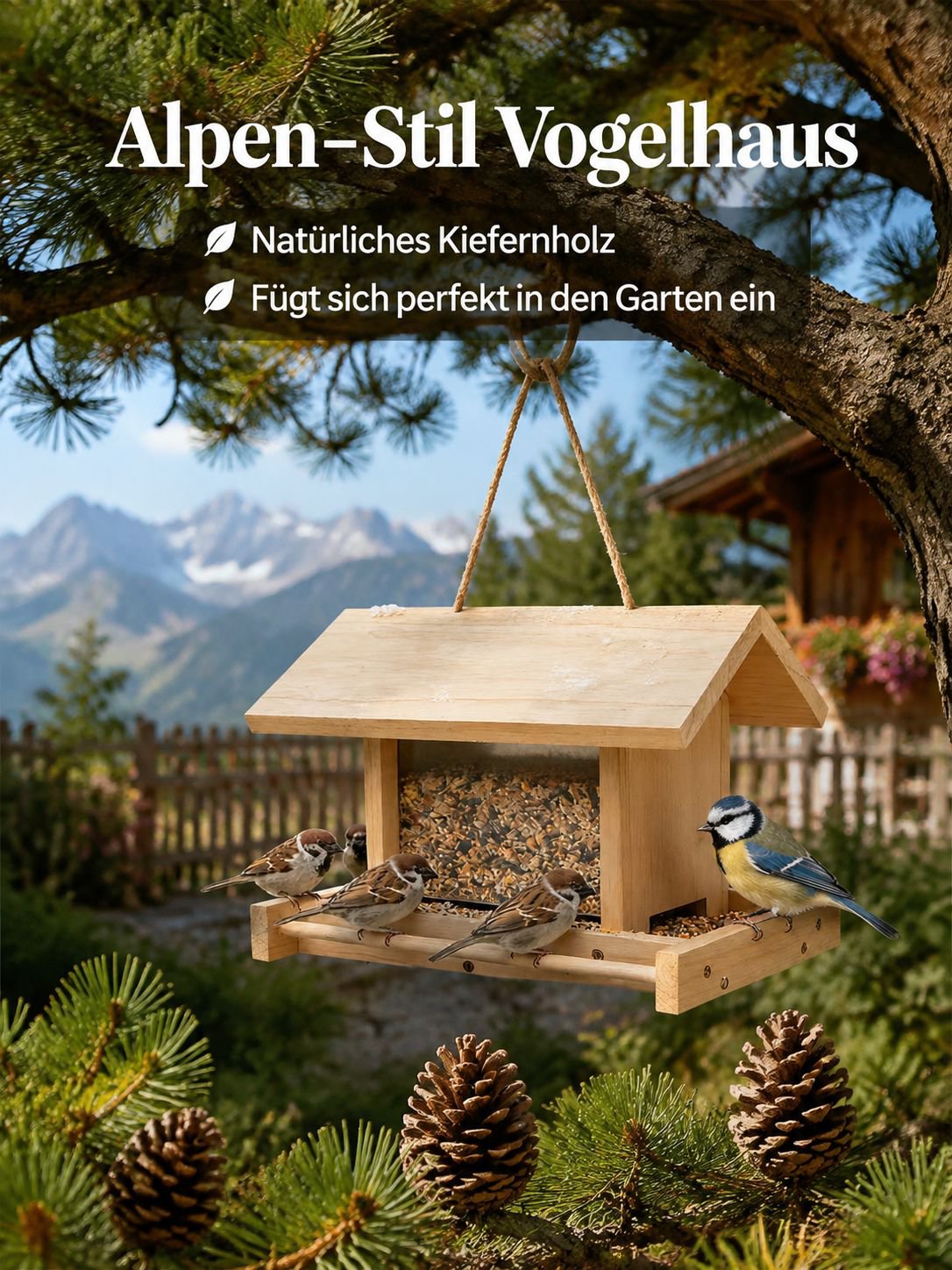 Neues Vogelhäuschen aus Holz, hängender Schmuck aus Kiefernholz, im Villenstil, Kunsthandwerk für de
