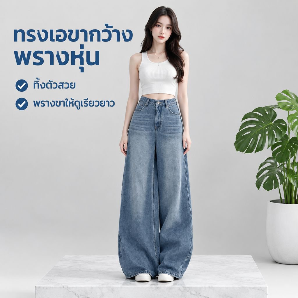 กางเกงยีนส์ดีไซน์ไม่มีเอวทรงหลวมเอไลน์สำหรับผู้หญิง ฤดูใบไม้ผลิและฤดูใบไม้ร่วง